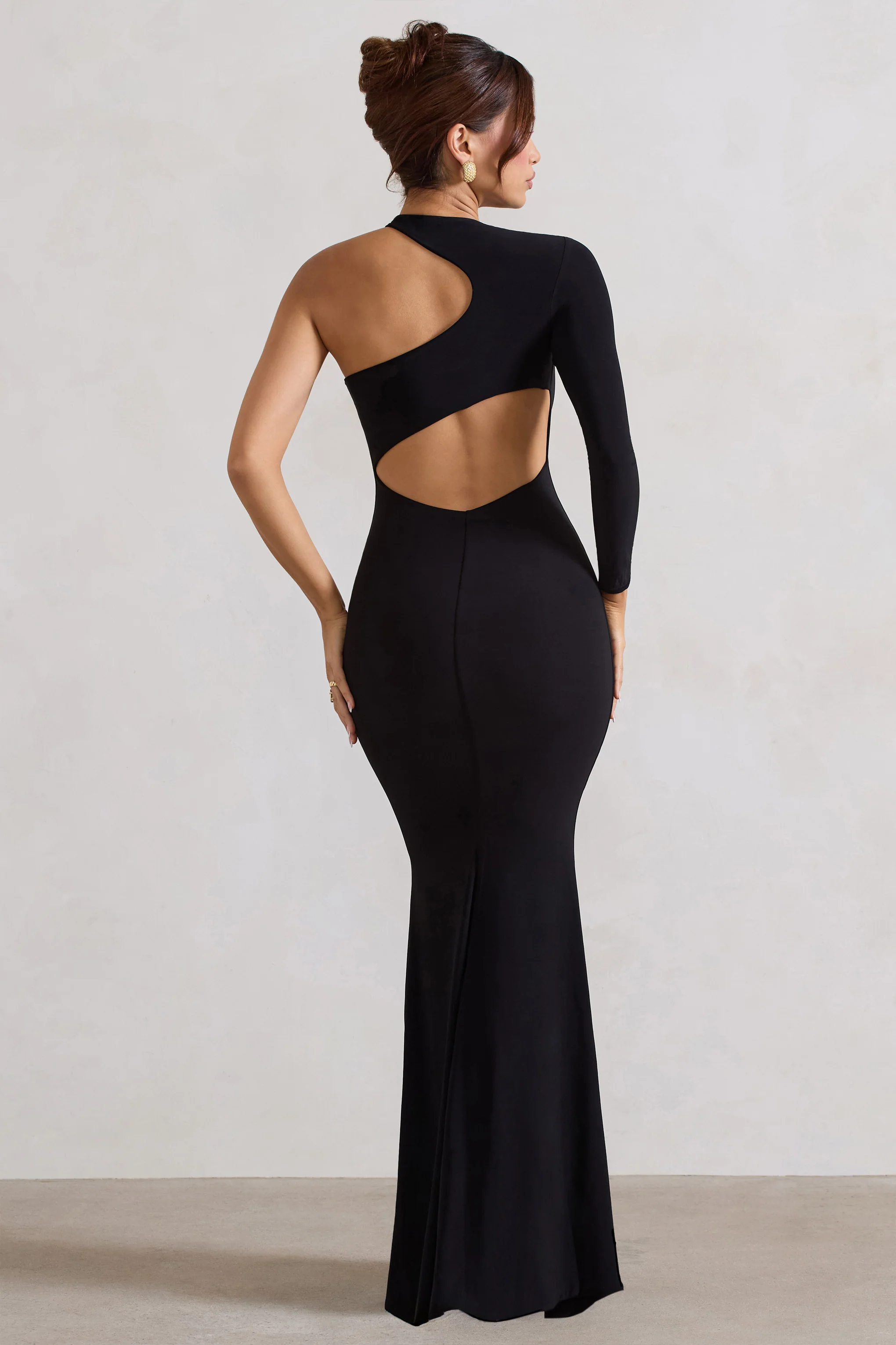 Tyra | Black Asymmetric Neck Cut Out Maxi Dress With Open Back Detail - Image 7