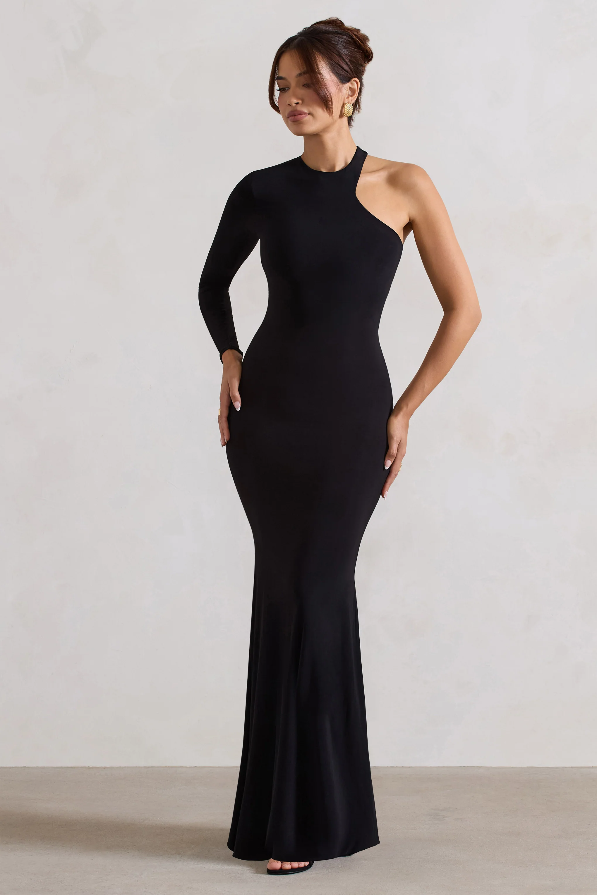 Tyra | Black Asymmetric Neck Cut Out Maxi Dress With Open Back Detail - Image 9