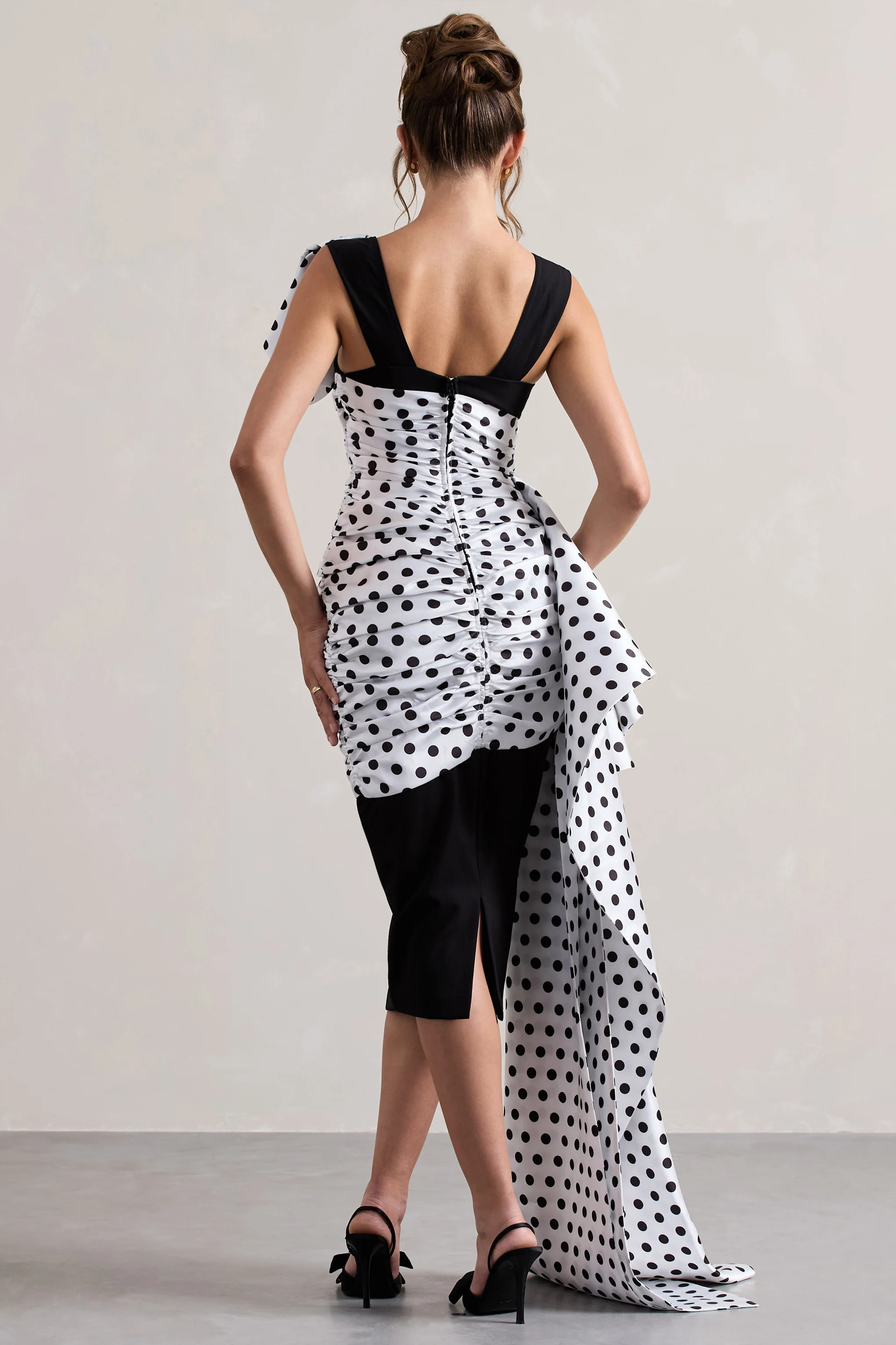 Unattainable | Black Polka Dot Wrap Midi Dress Volume Drape - Image 2