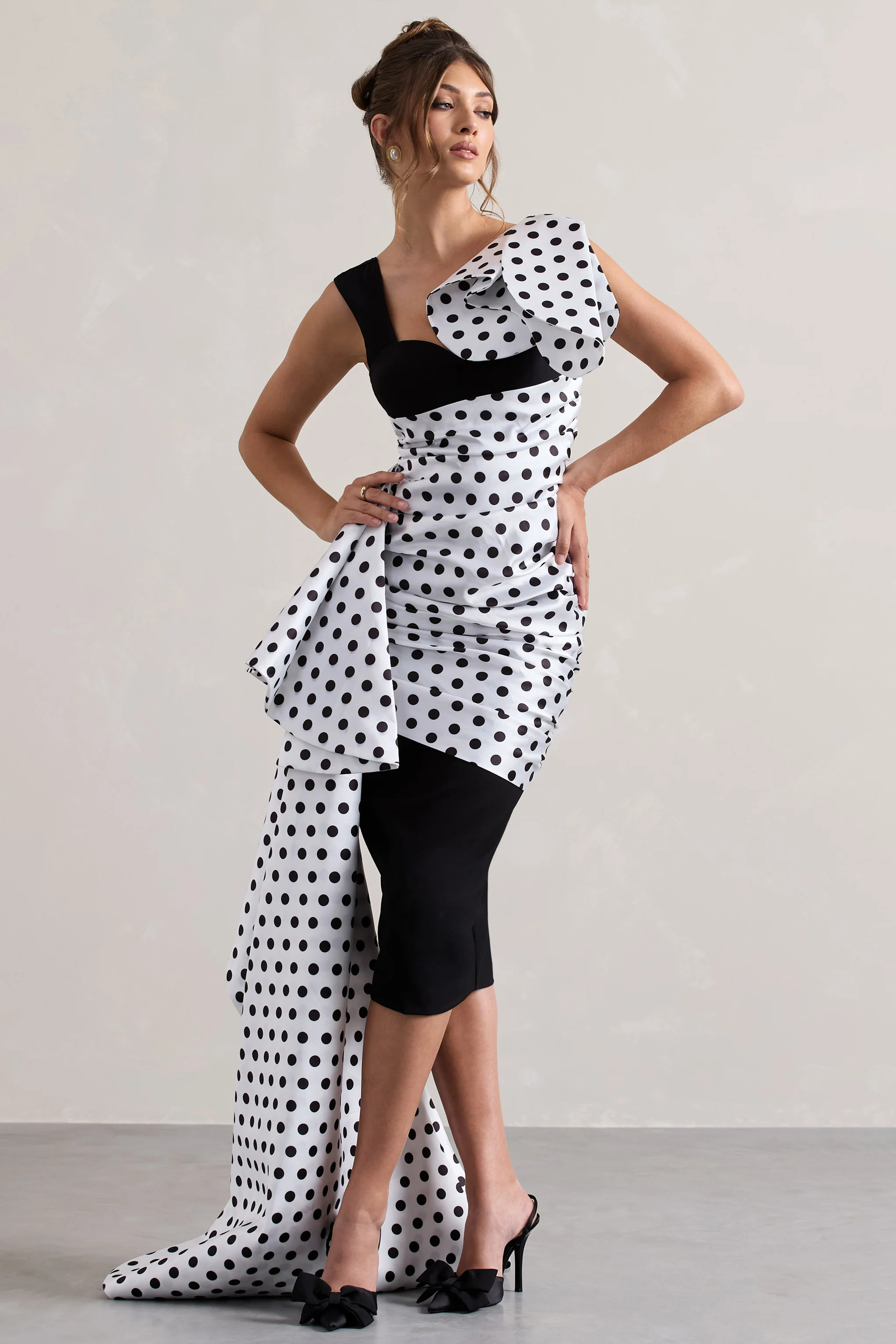 Unattainable | Black Polka Dot Wrap Midi Dress Volume Drape - Image 5