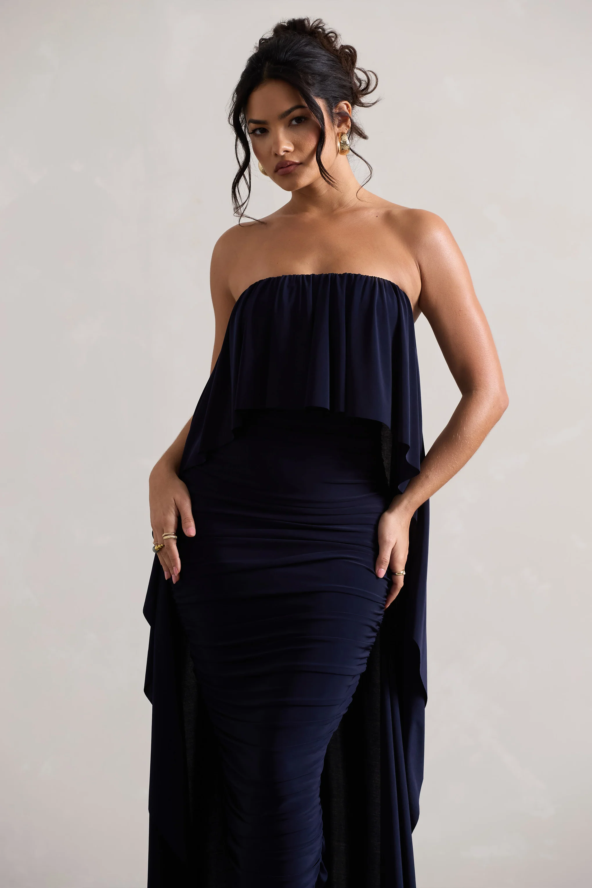 Upon A Time | Navy Ruched Bandeau Midi Dress With Cape - Image 3