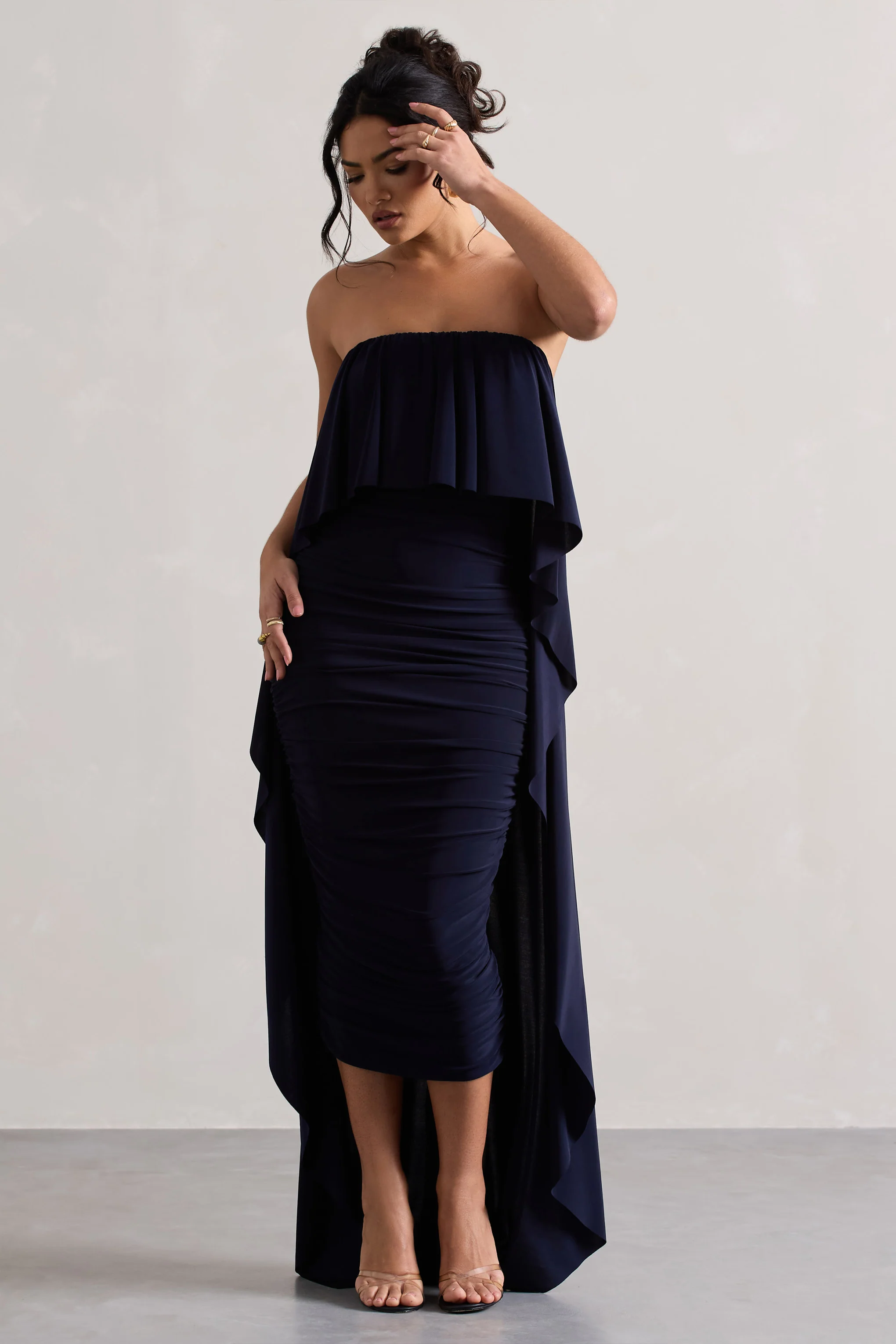 Upon A Time | Navy Ruched Bandeau Midi Dress With Cape - Image 4