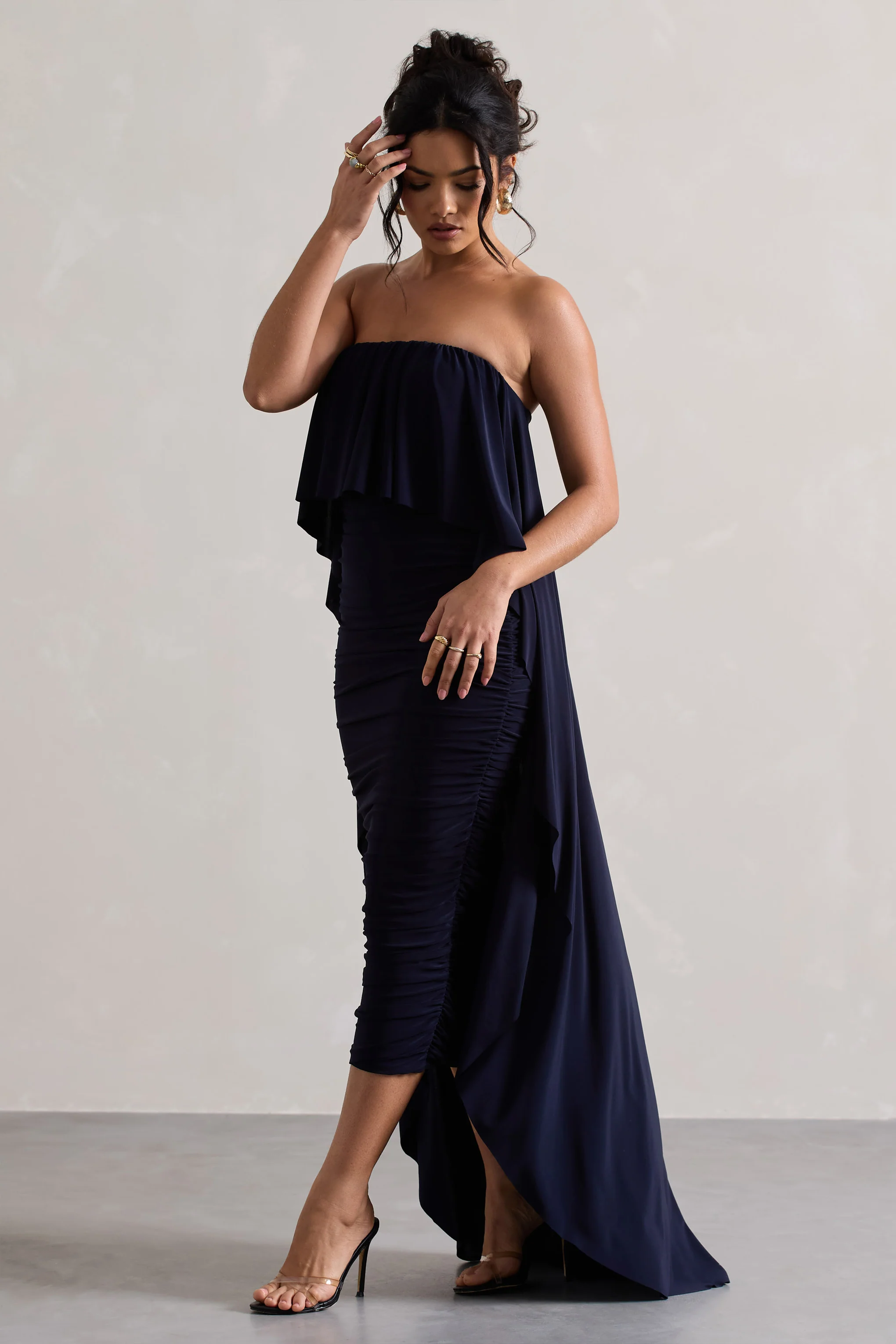 Upon A Time | Navy Ruched Bandeau Midi Dress With Cape - Image 5