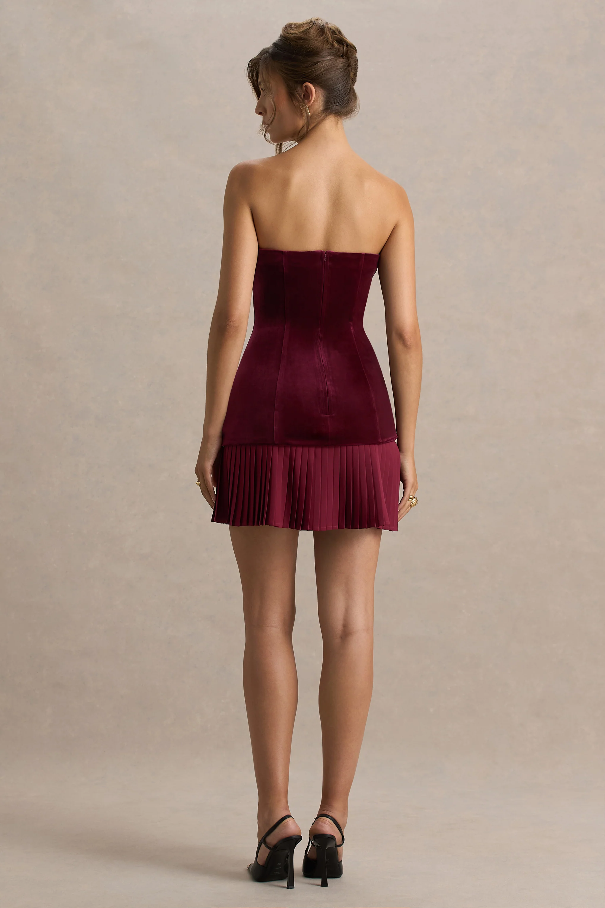 Valentina | Burgundy Velvet Bandeau Mini Dress With Pleated Detailing - Image 3
