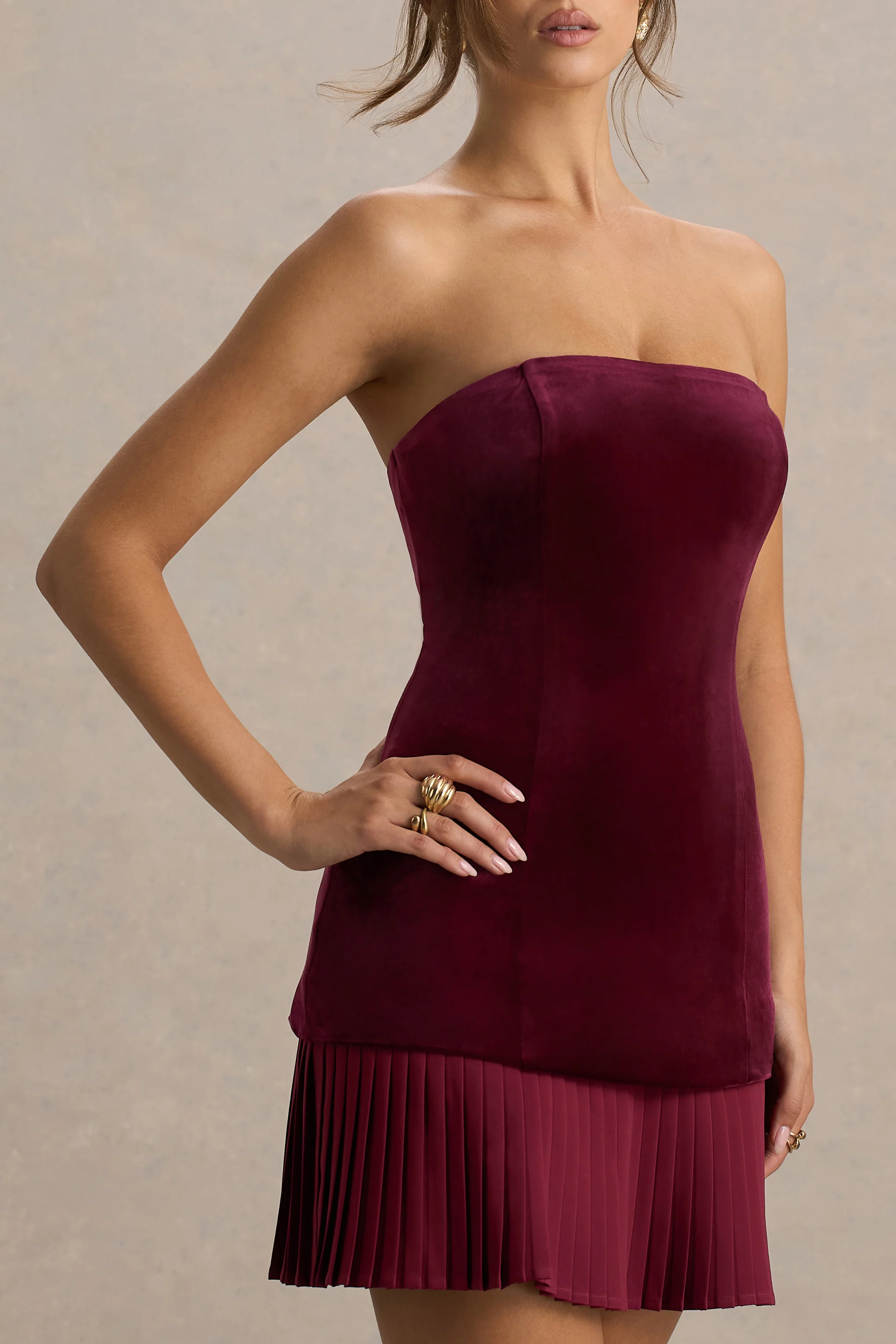 Valentina | Burgundy Velvet Bandeau Mini Dress With Pleated Detailing - Image 4