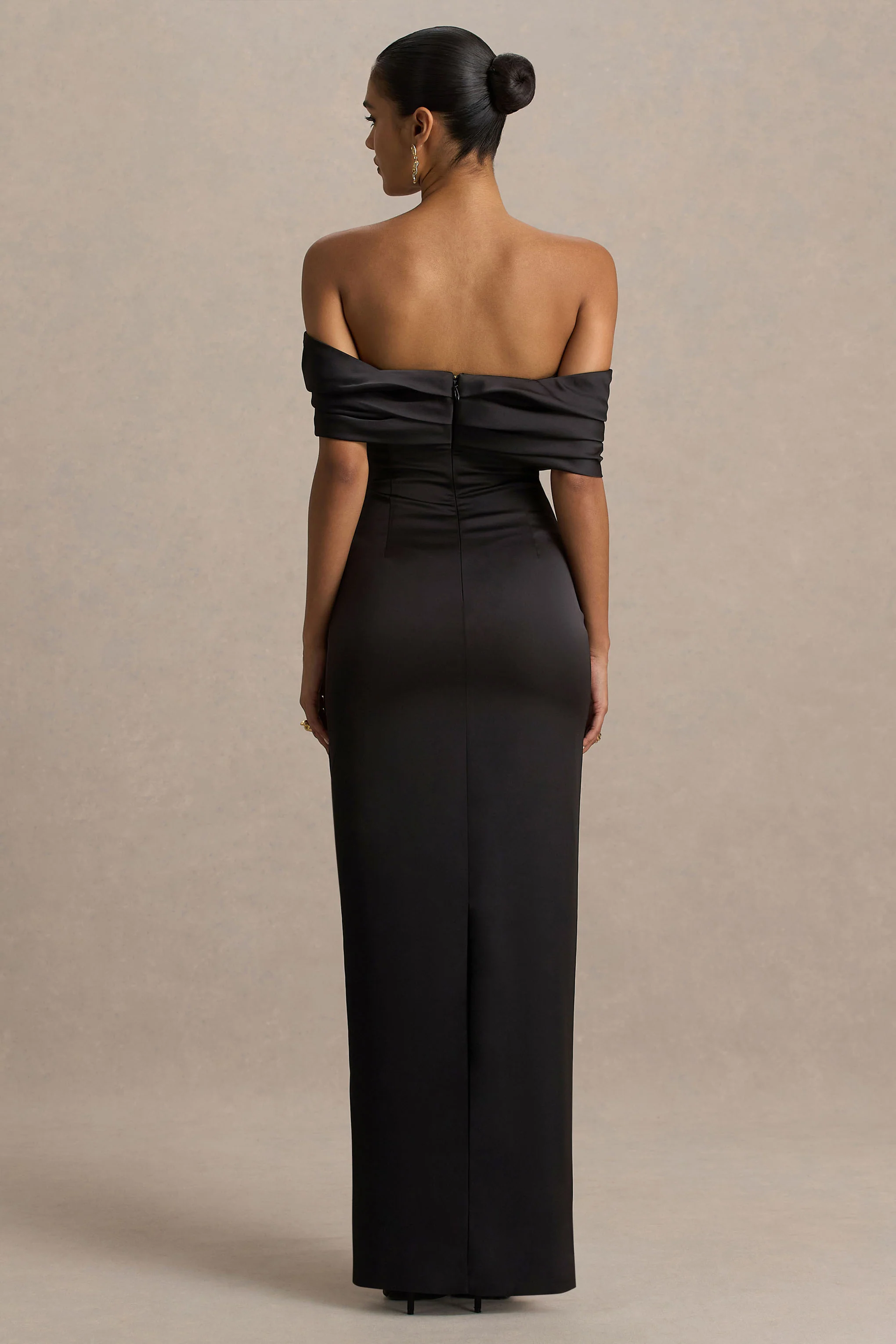 Valeria | Black Satin Twist-Bardot Neck Maxi Dress - Image 2
