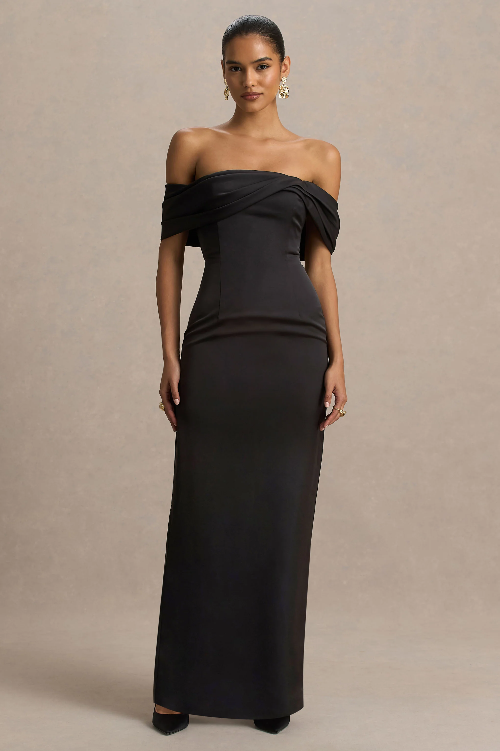 Valeria | Black Satin Twist-Bardot Neck Maxi Dress - Image 4