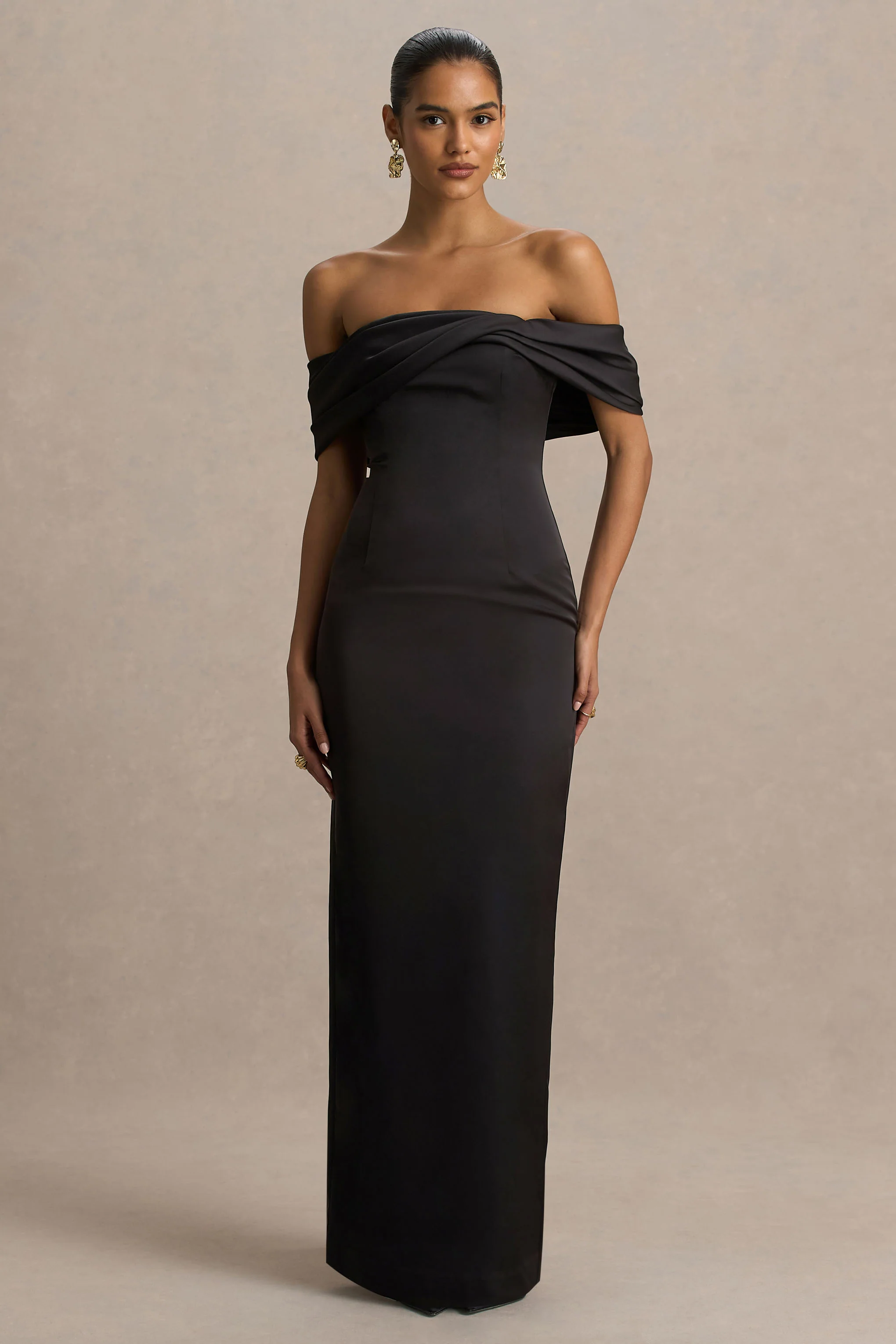 Valeria | Black Satin Twist-Bardot Neck Maxi Dress - Image 5