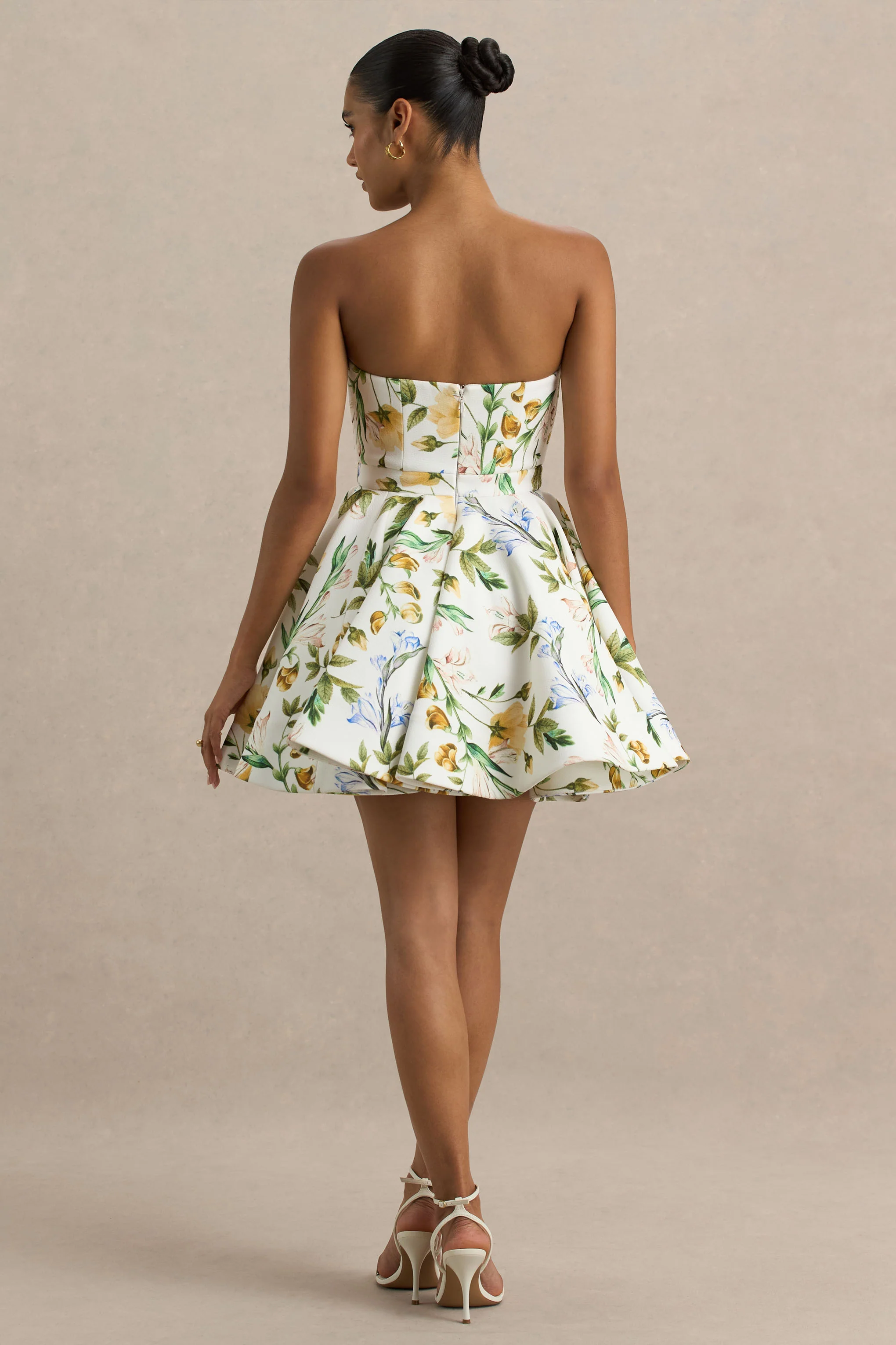 Valerian | White Botanical Print Bandeau Mini Dress With Ruffle Hem - Image 2