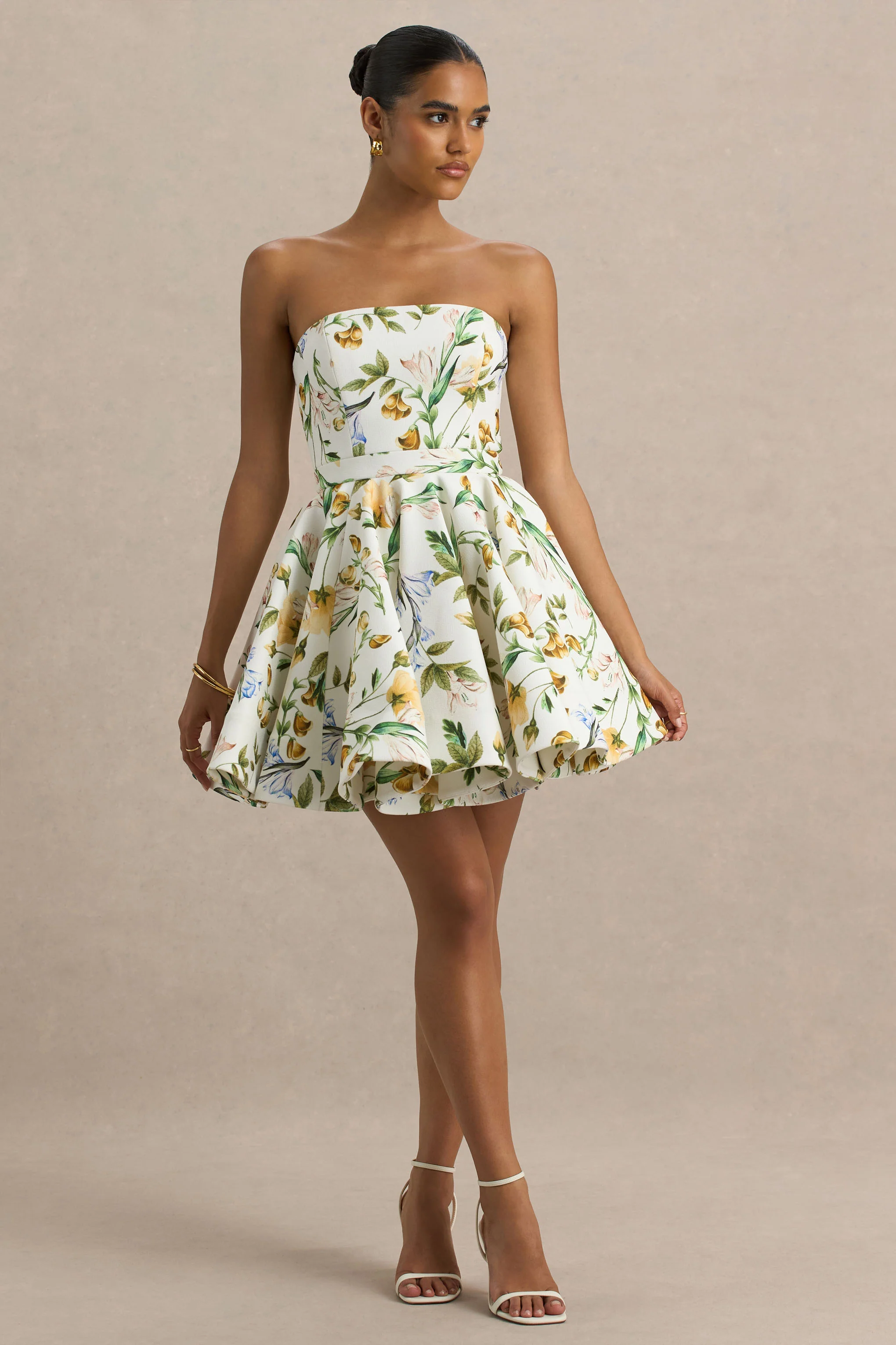 Valerian | White Botanical Print Bandeau Mini Dress With Ruffle Hem - Image 3