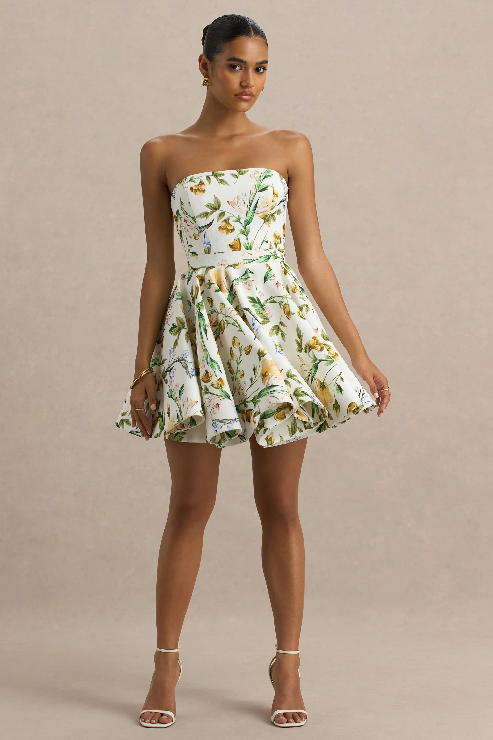Valerian | White Botanical Print Bandeau Mini Dress With Ruffle Hem - Image 4