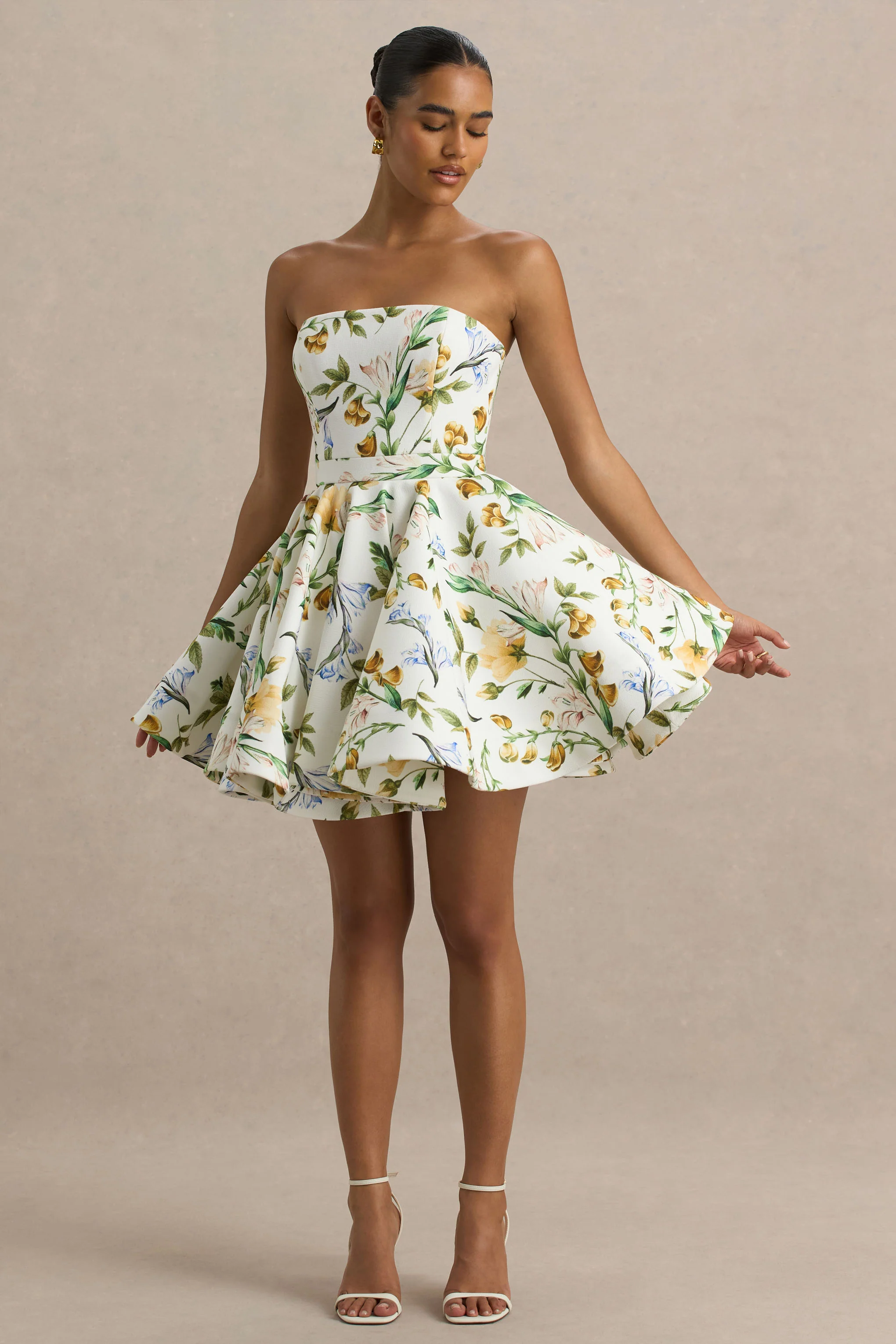 Valerian | White Botanical Print Bandeau Mini Dress With Ruffle Hem - Image 5