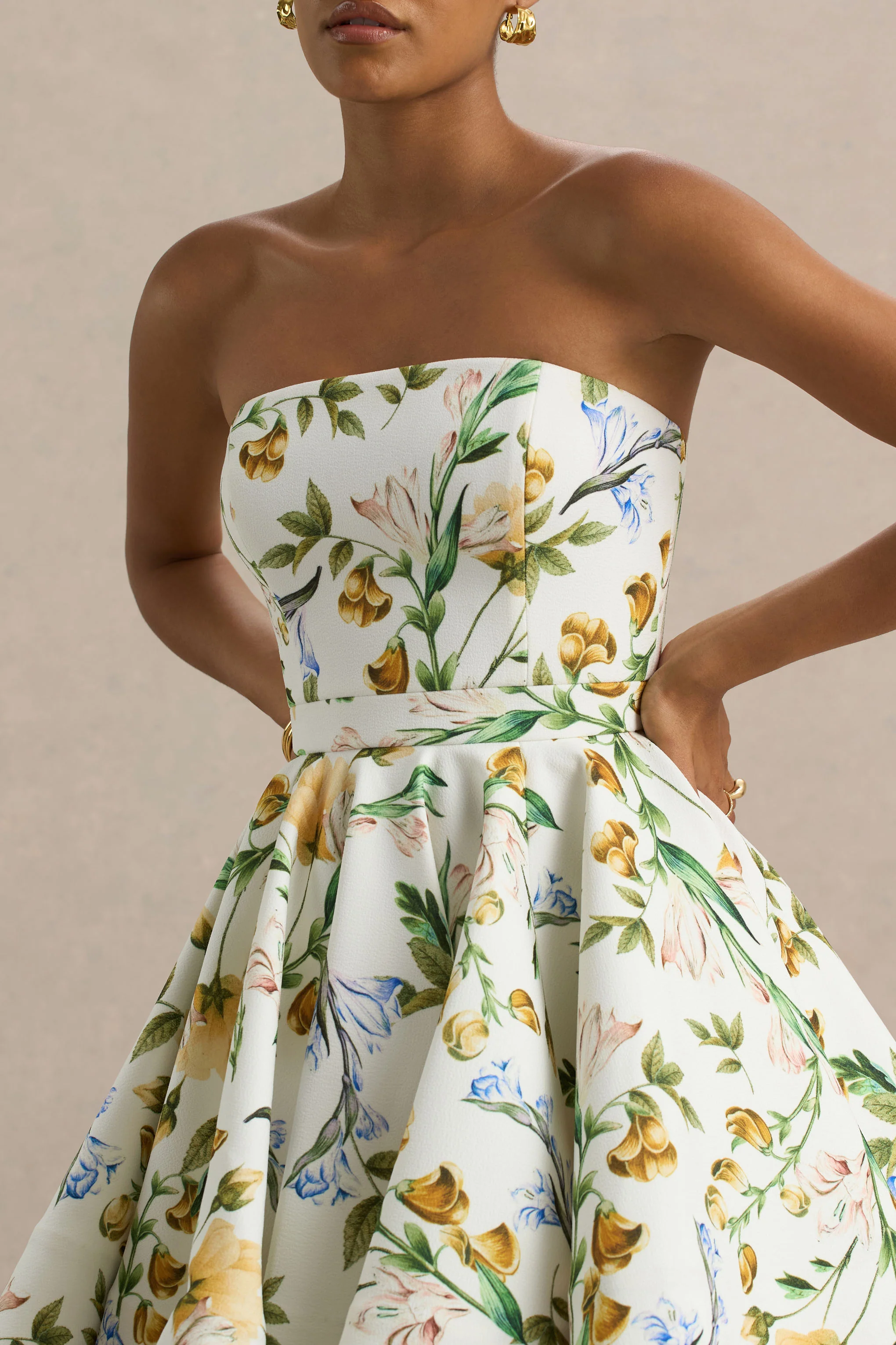 Valerian | White Botanical Print Bandeau Mini Dress With Ruffle Hem - Image 6