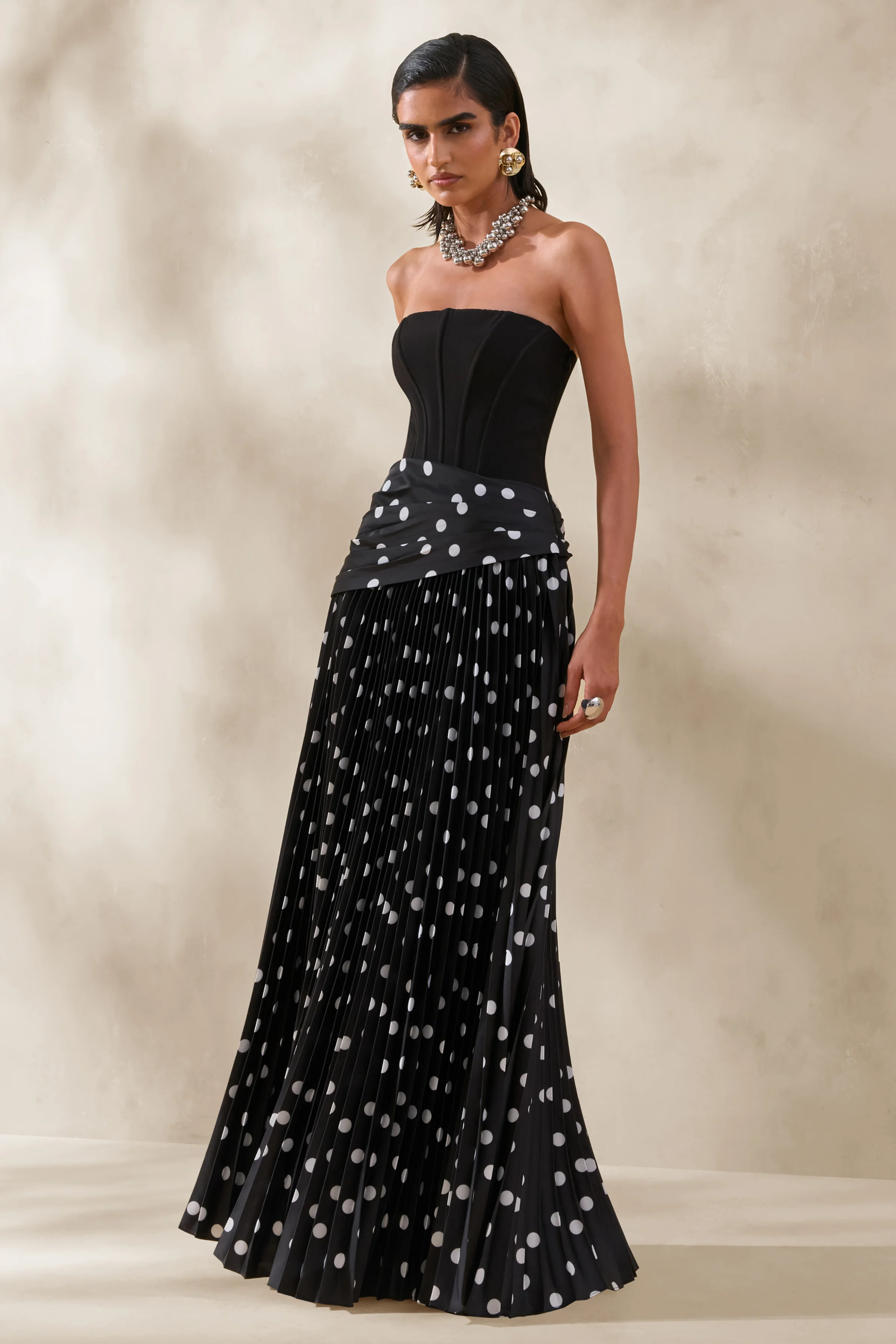 Valerisse | Black And White Polka Dot Bandeau Maxi Dress - Image 5