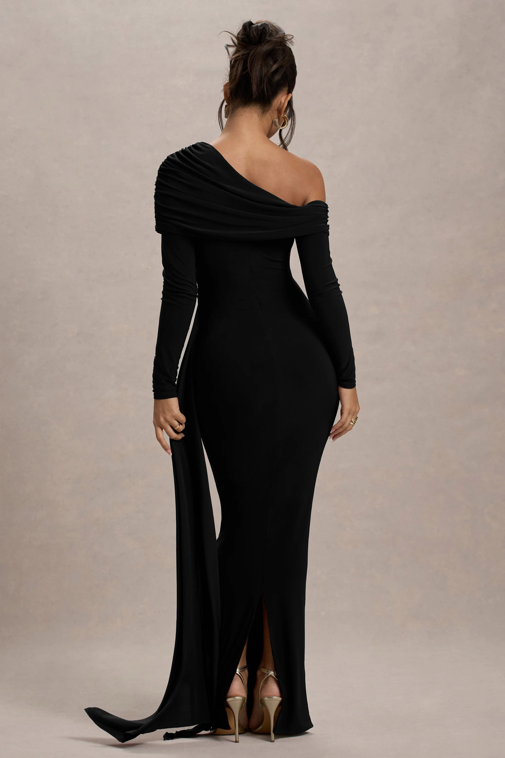 Valina | Black Ruched Asymmetric Maxi Dress With Drape - Image 2