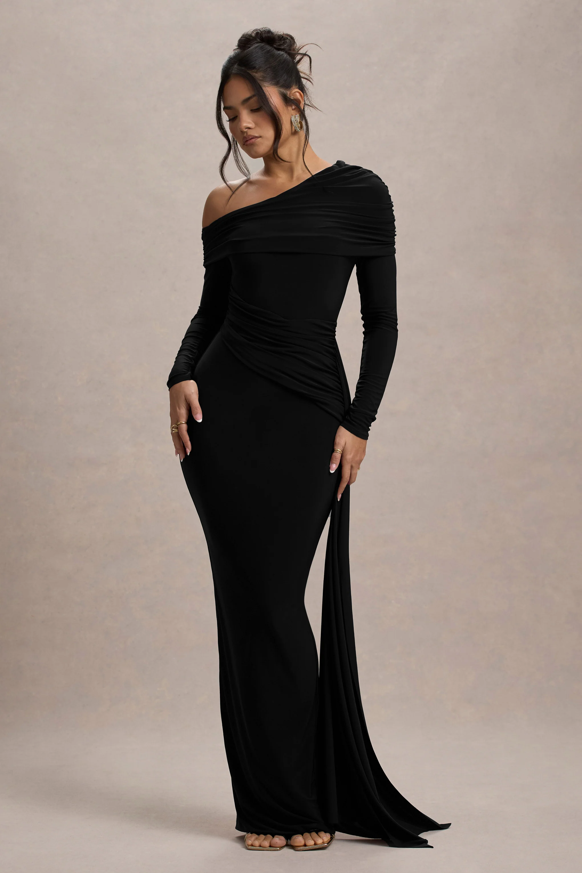 Valina | Black Ruched Asymmetric Maxi Dress With Drape - Image 6