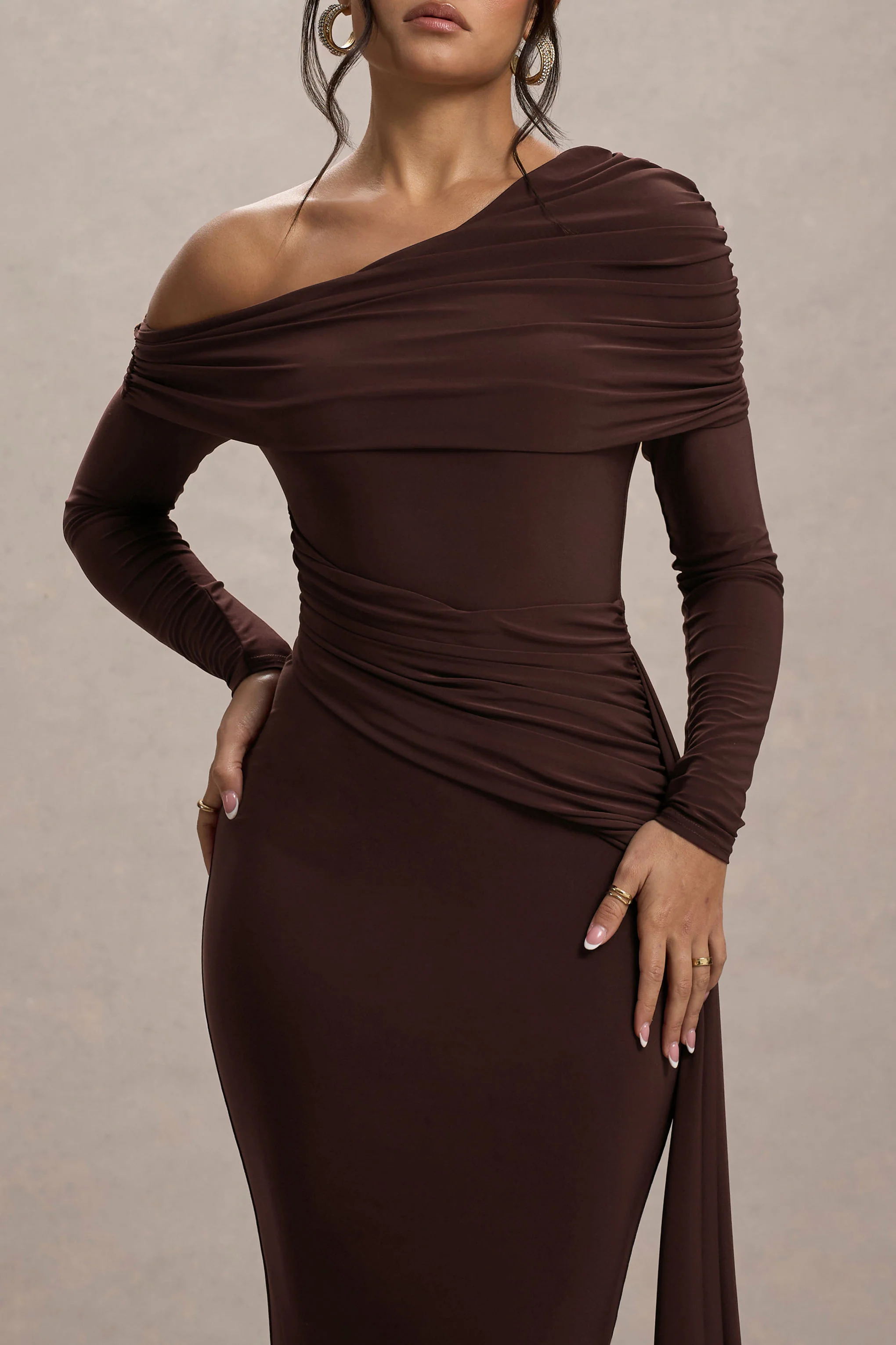 Valina | Brown Ruched Asymmetric Maxi Dress With Drape - Image 3