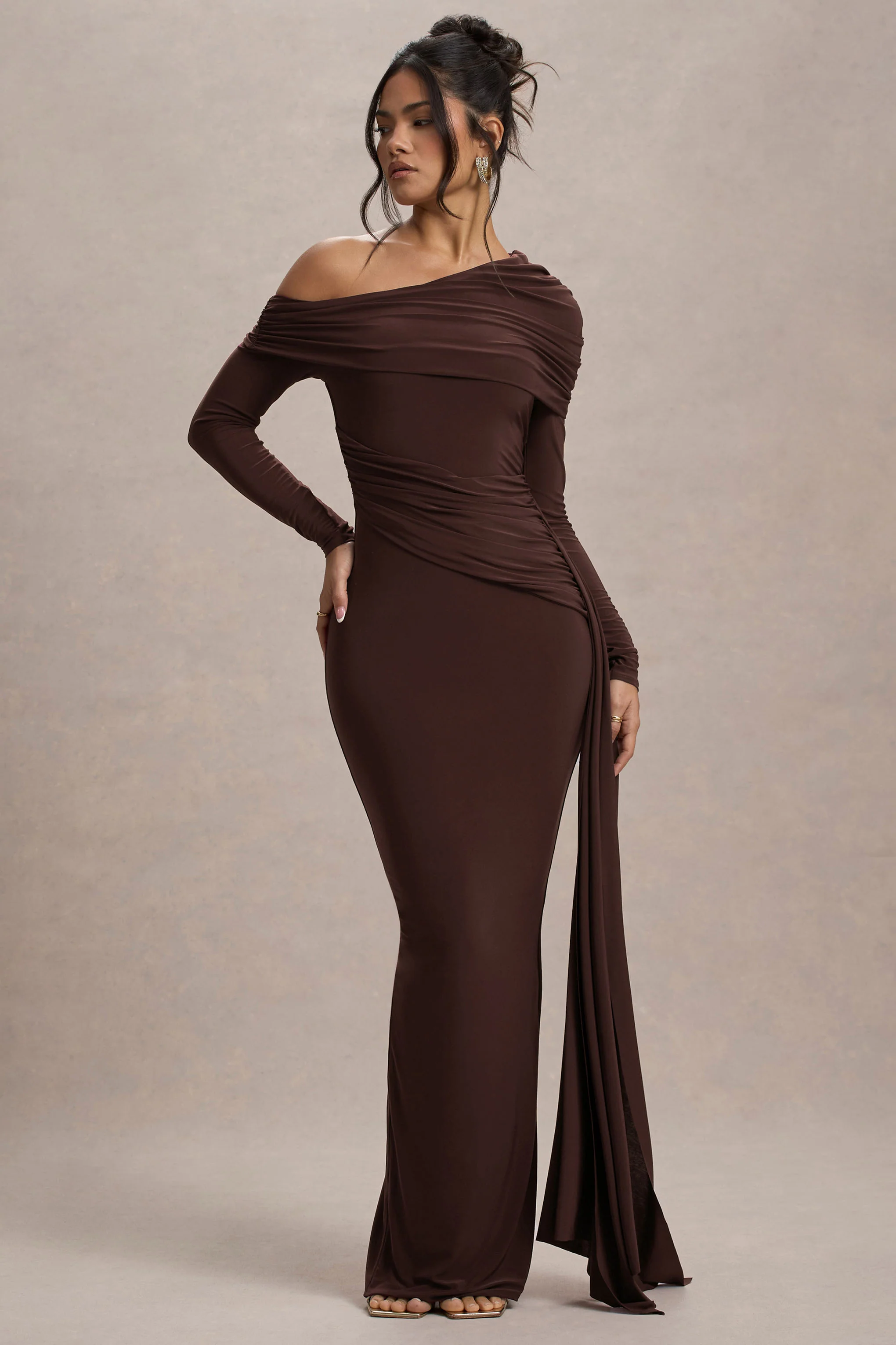 Valina | Brown Ruched Asymmetric Maxi Dress With Drape - Image 4