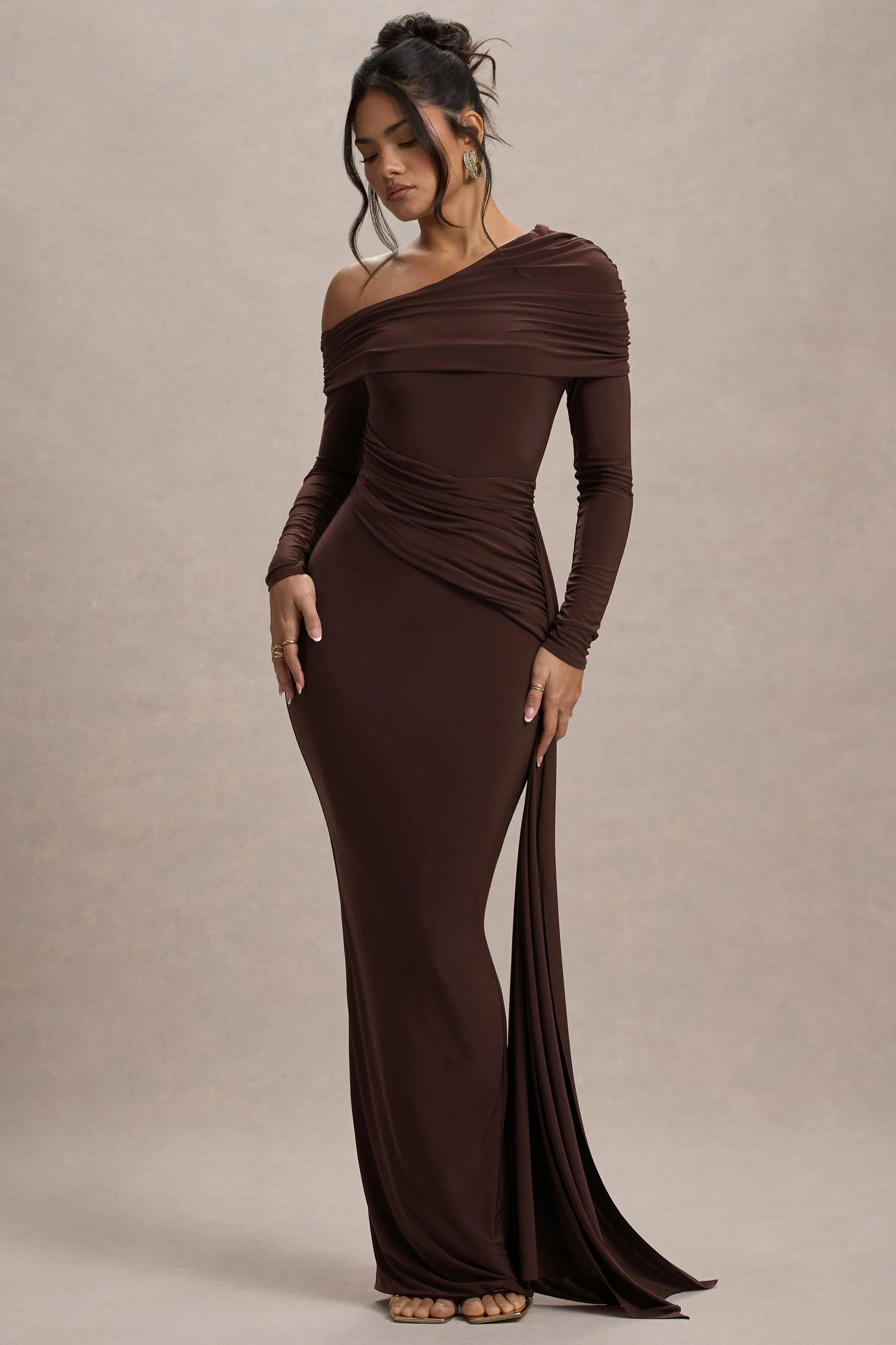 Valina | Brown Ruched Asymmetric Maxi Dress With Drape - Image 5