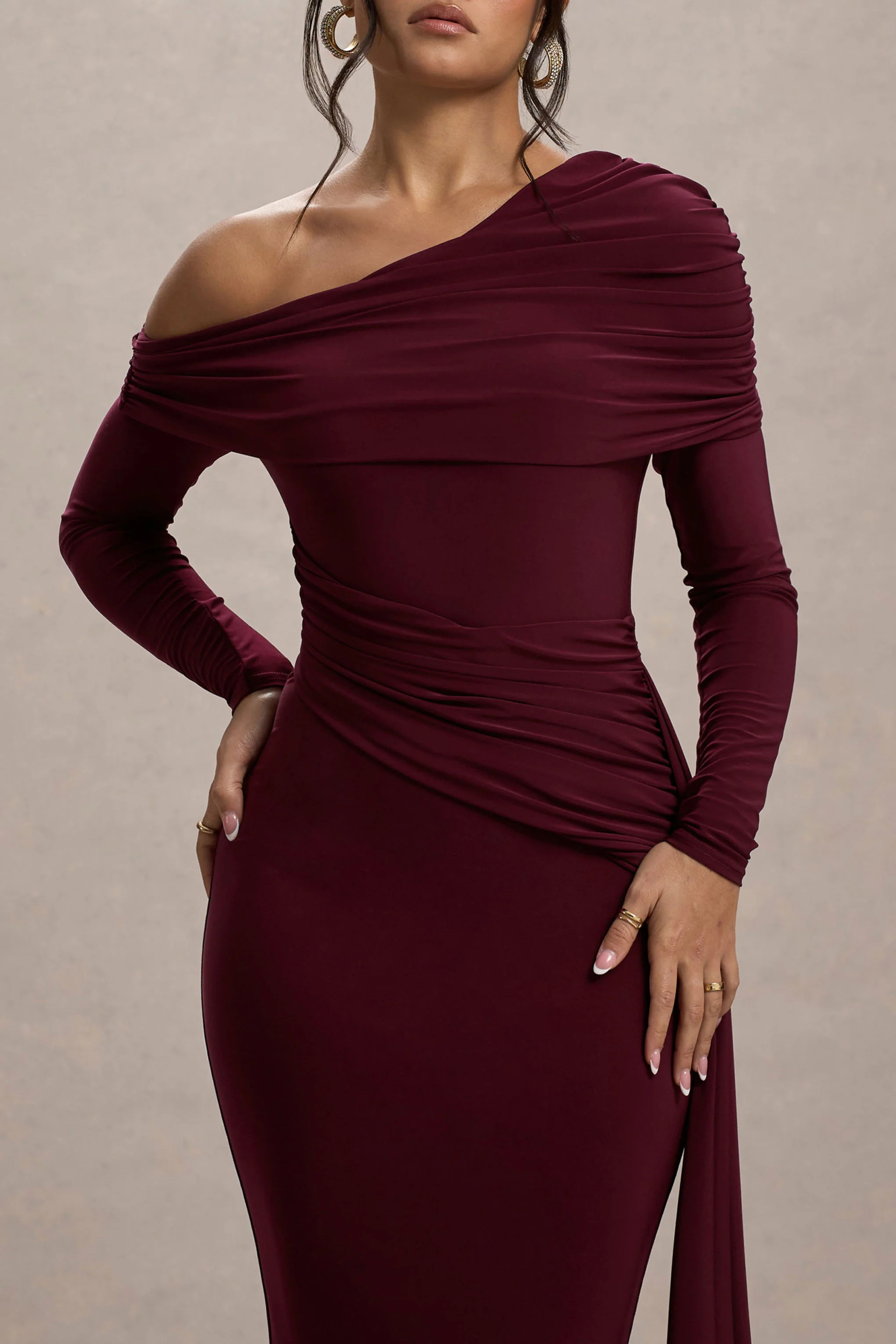 Valina | Burgundy Ruched Asymmetric Maxi Dress With Drape - Image 3