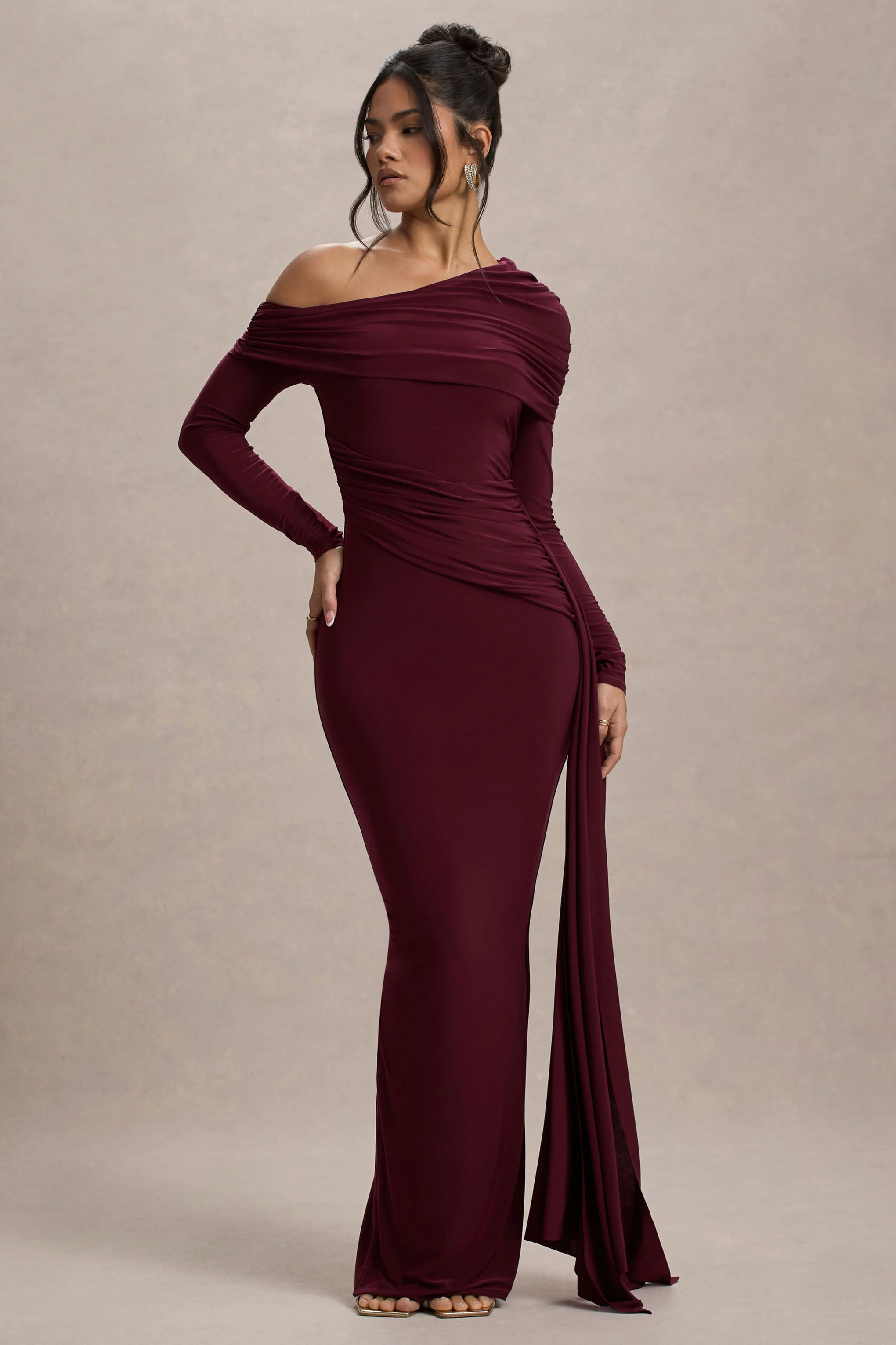 Valina | Burgundy Ruched Asymmetric Maxi Dress With Drape - Image 4