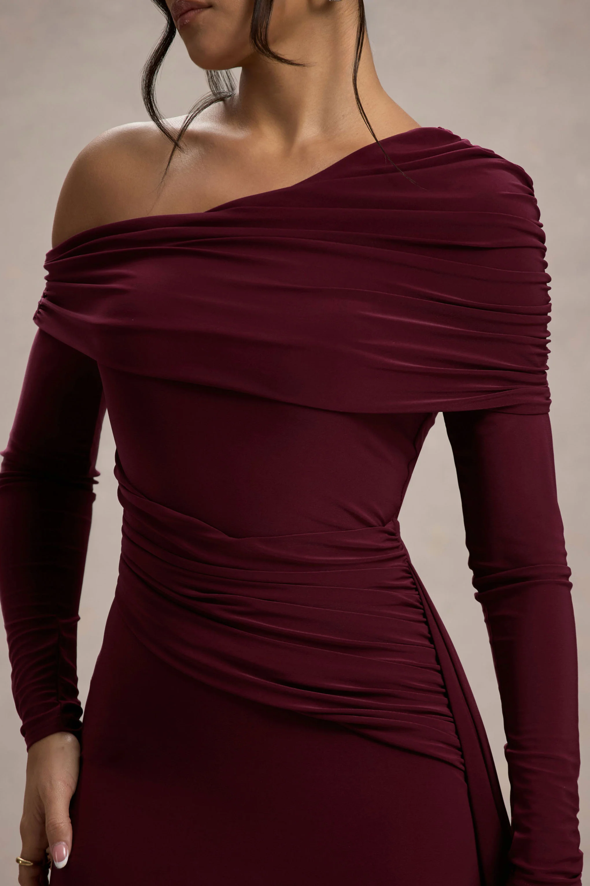 Valina | Burgundy Ruched Asymmetric Maxi Dress With Drape - Image 6