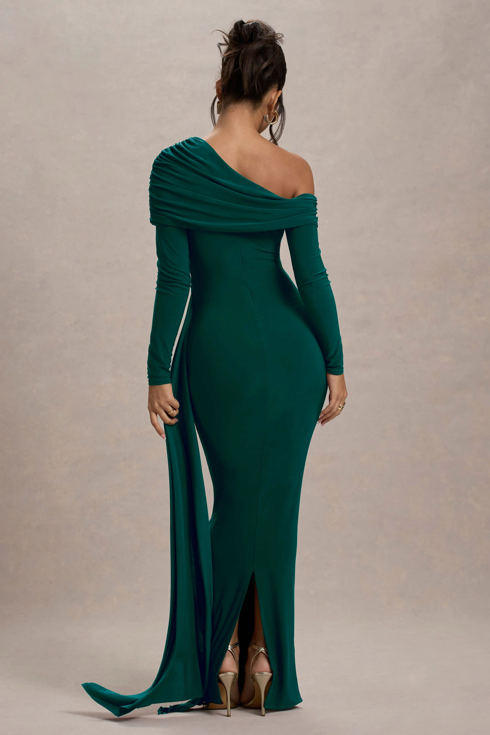 Valina | Green Ruched Asymmetric Maxi Dress With Drape - Image 2
