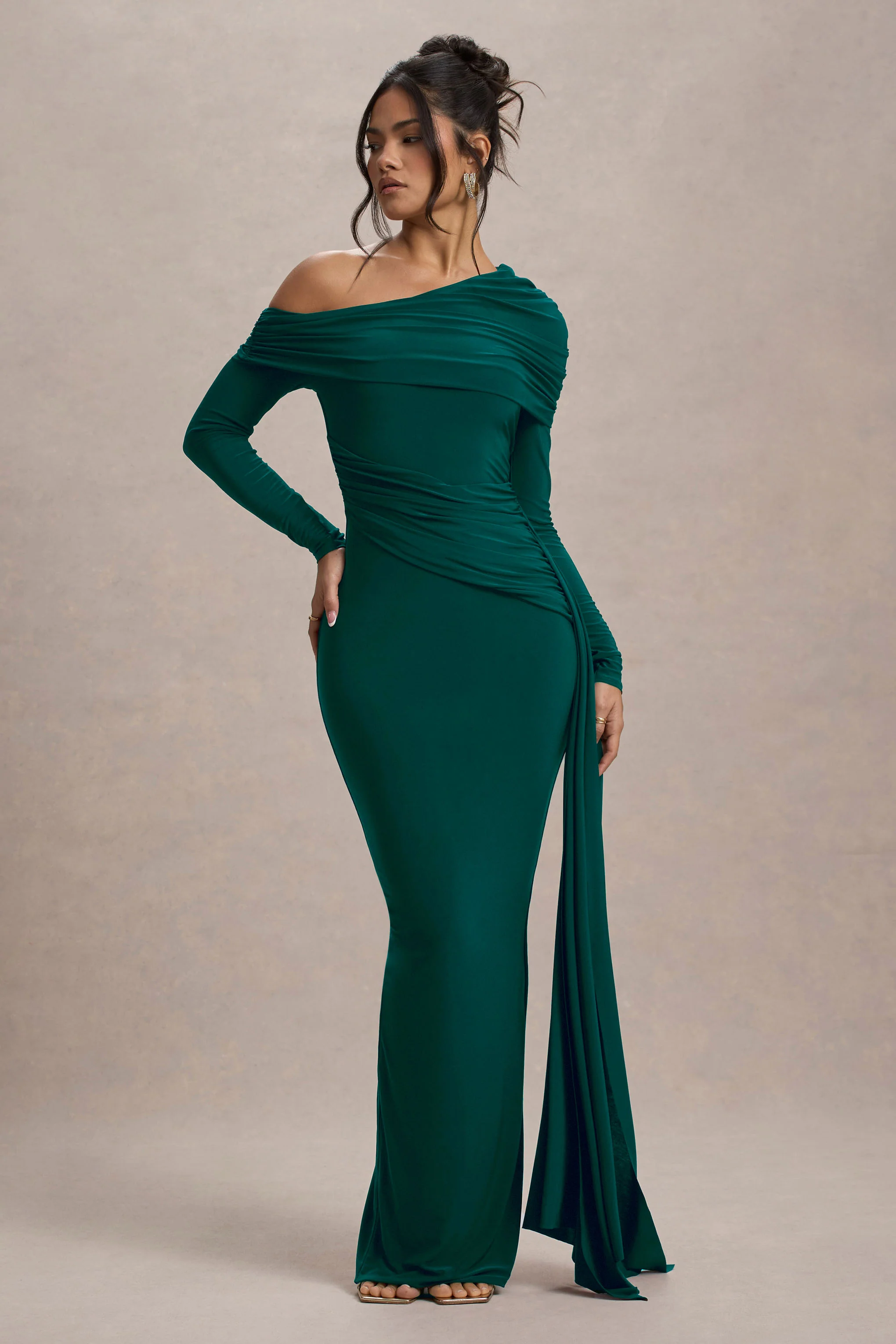 Valina | Green Ruched Asymmetric Maxi Dress With Drape - Image 6