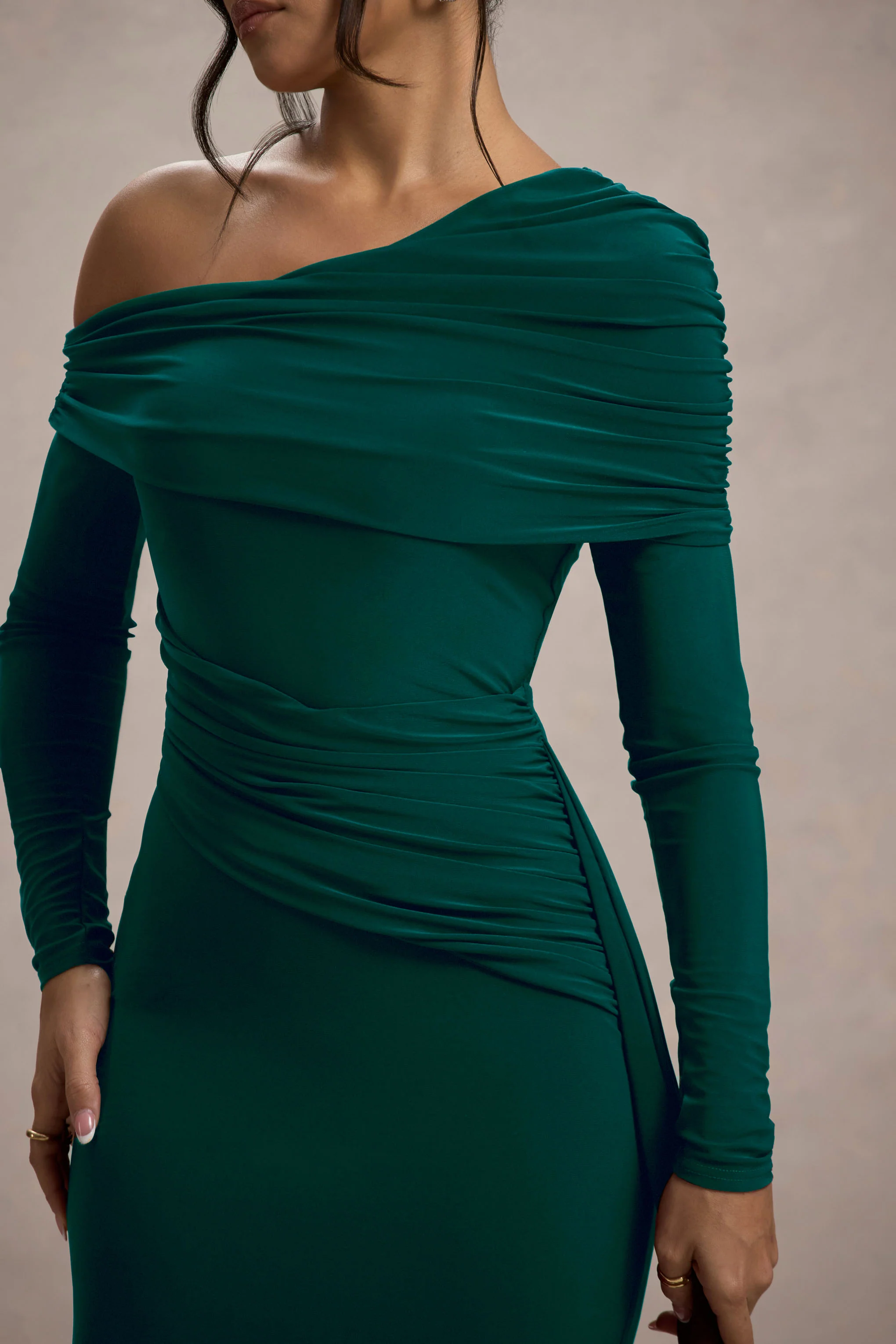 Valina | Green Ruched Asymmetric Maxi Dress With Drape - Image 7