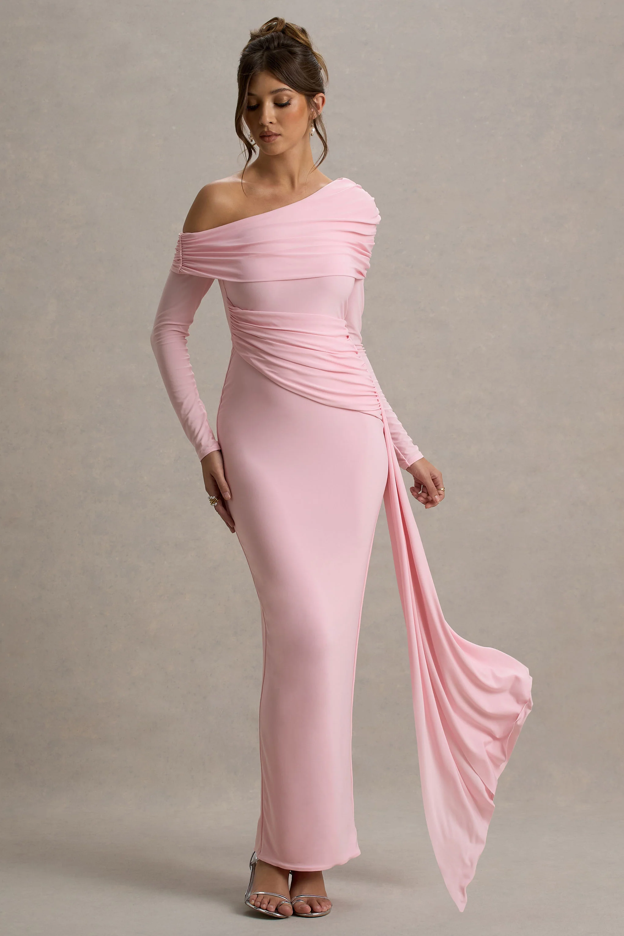 Valina | Pink Ruched Asymmetric Maxi Dress With Drape - Image 5