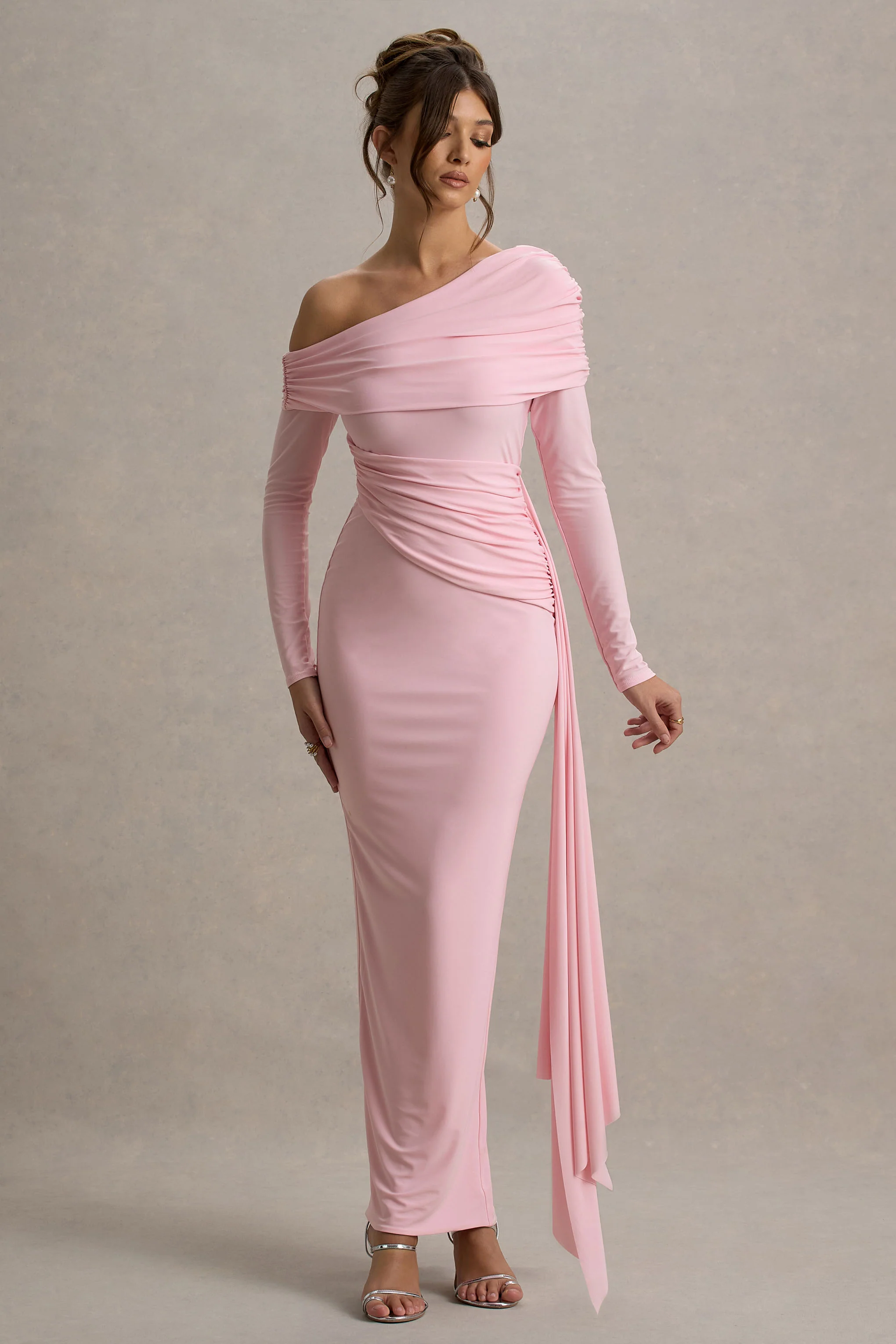 Valina | Pink Ruched Asymmetric Maxi Dress With Drape - Image 6