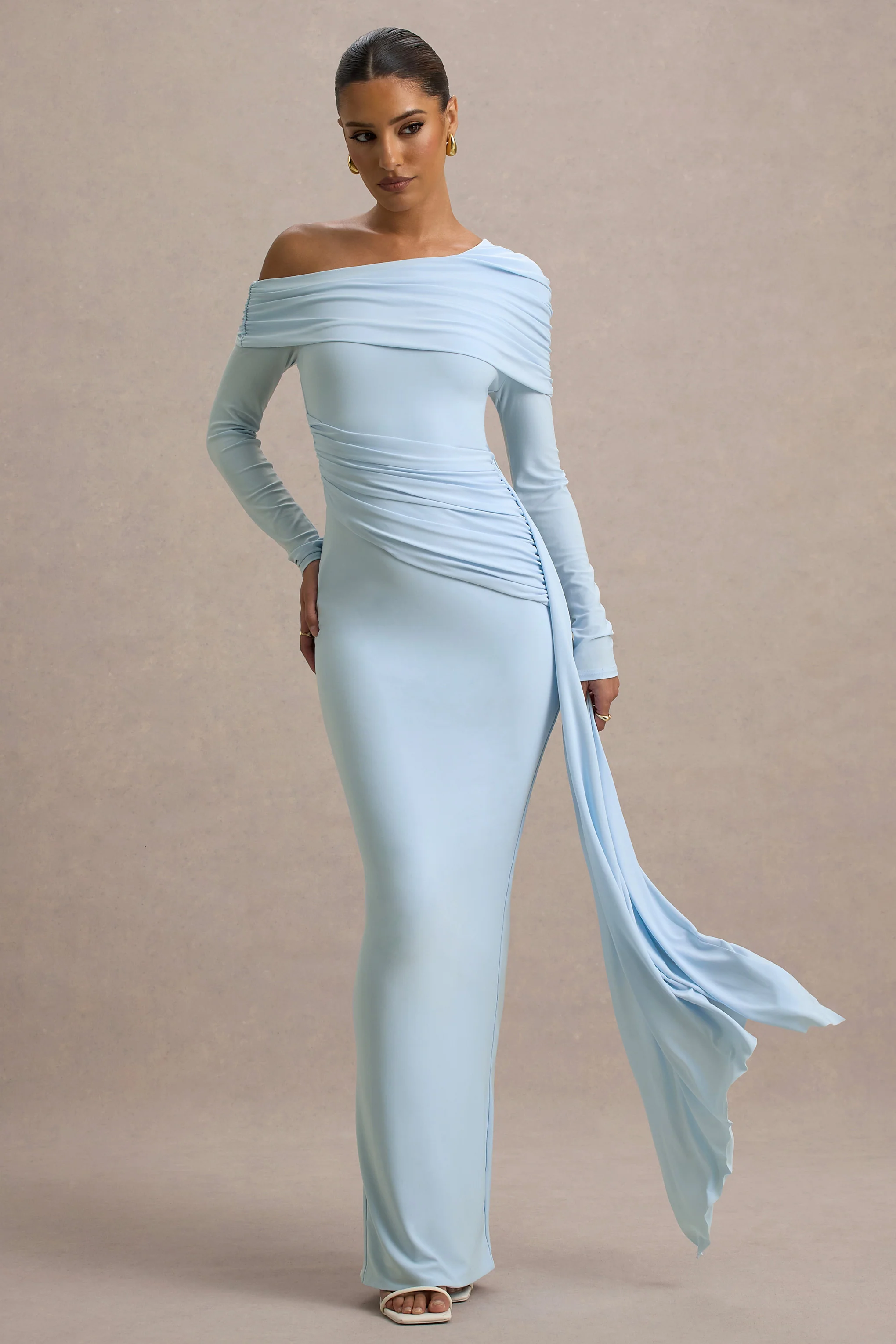Valina | Powder Blue Ruched Asymmetric Maxi Dress With Drape - Image 4