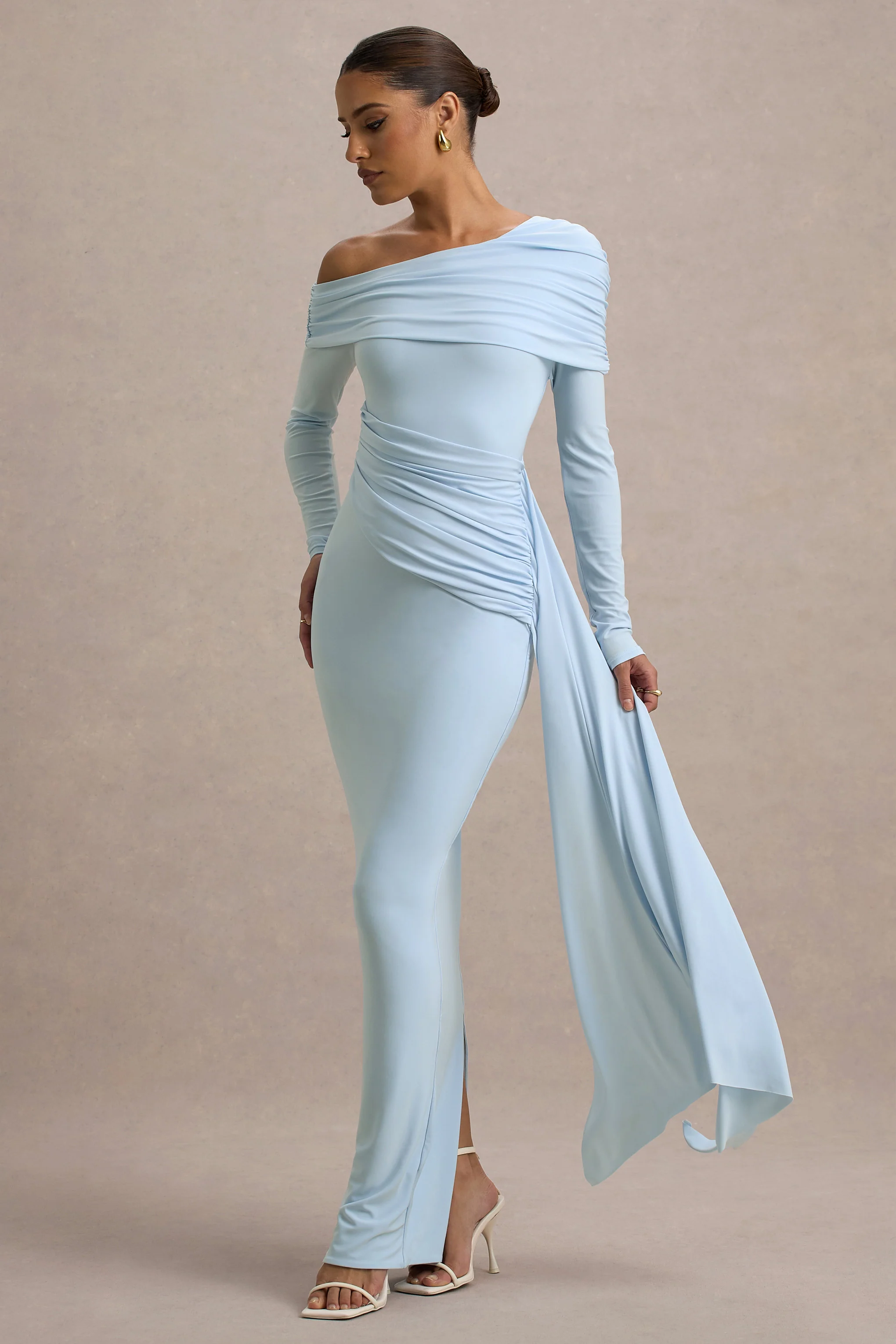 Valina | Powder Blue Ruched Asymmetric Maxi Dress With Drape - Image 6