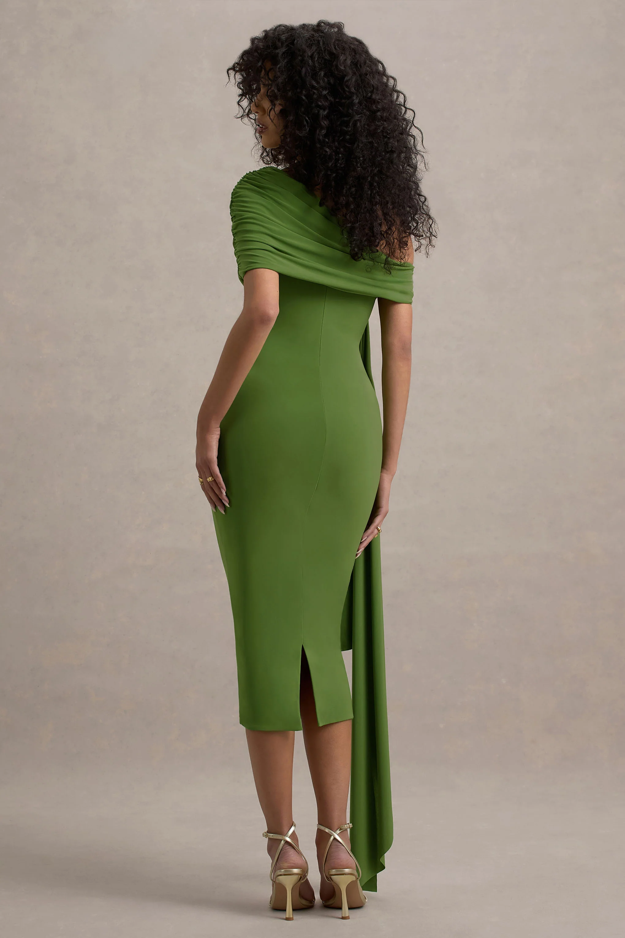 Vallea | Green One-Shoulder Draped Midi Dress - Image 2