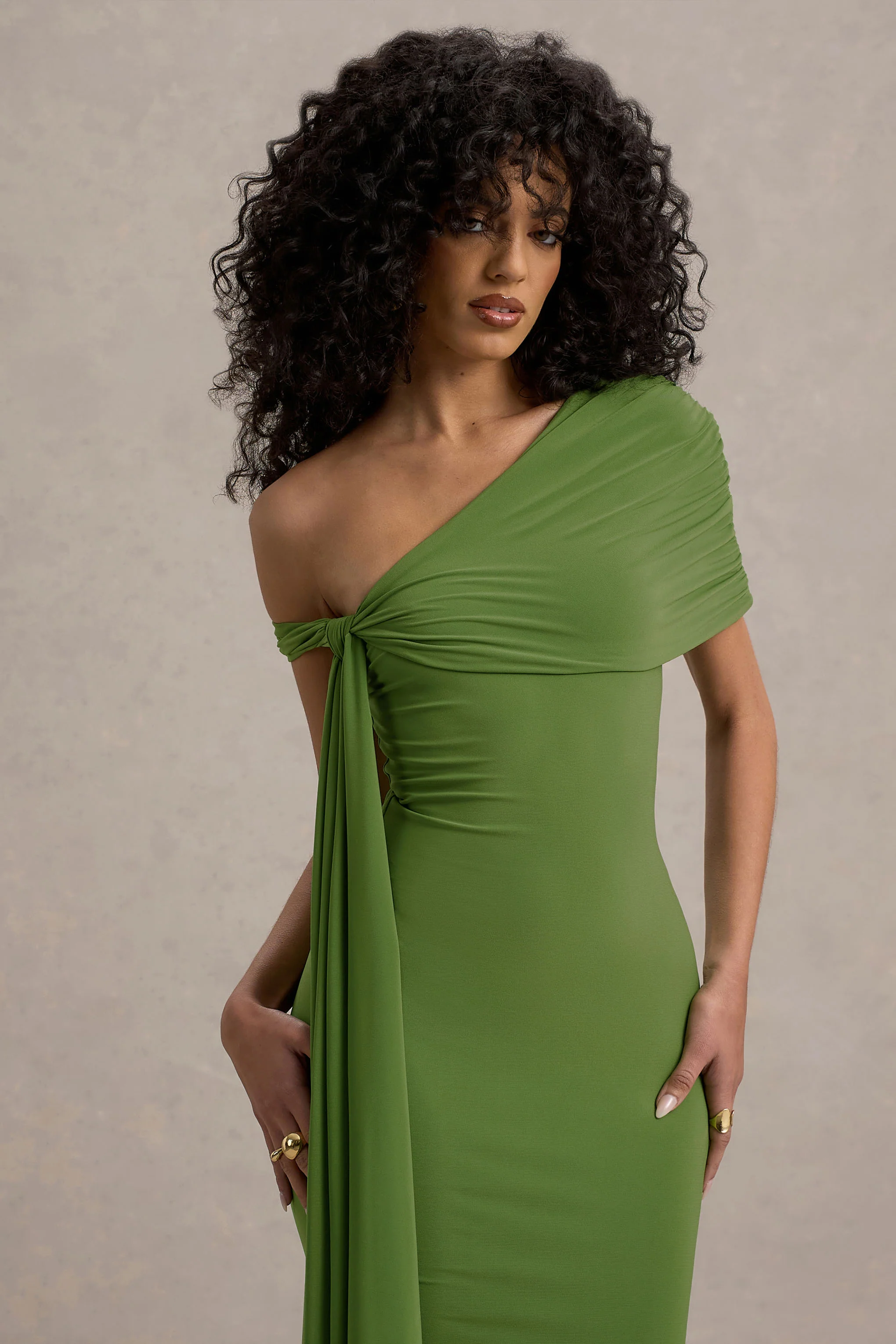 Vallea | Green One-Shoulder Draped Midi Dress - Image 3