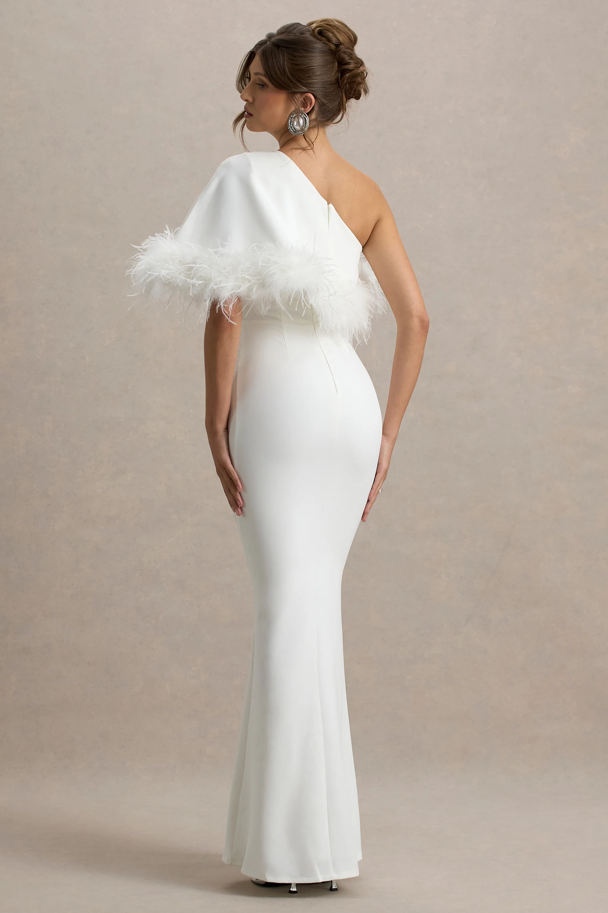 Valor | White Asymmetric Maxi Dress With Feather Trim - Image 2