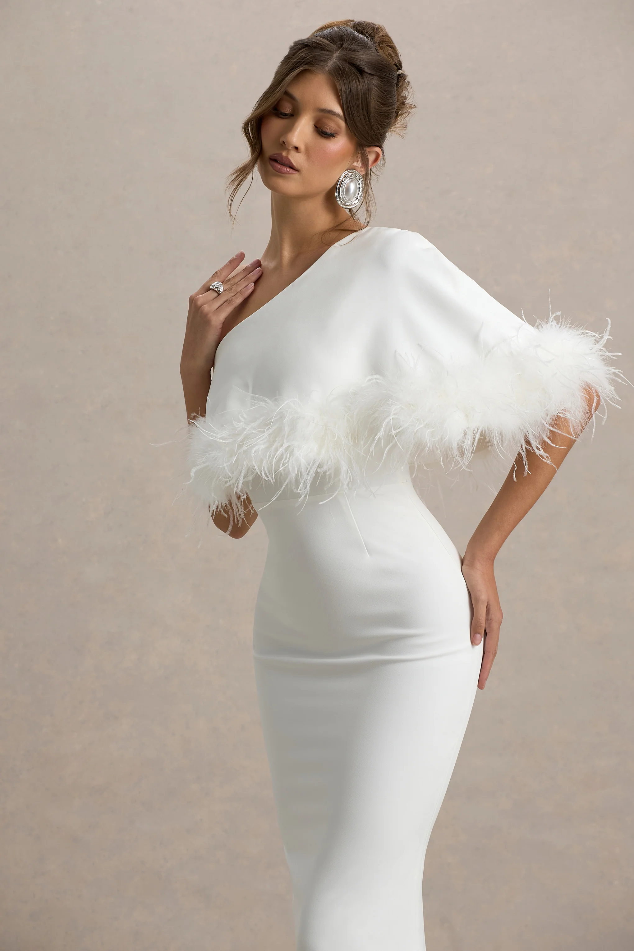 Valor | White Asymmetric Maxi Dress With Feather Trim - Image 3
