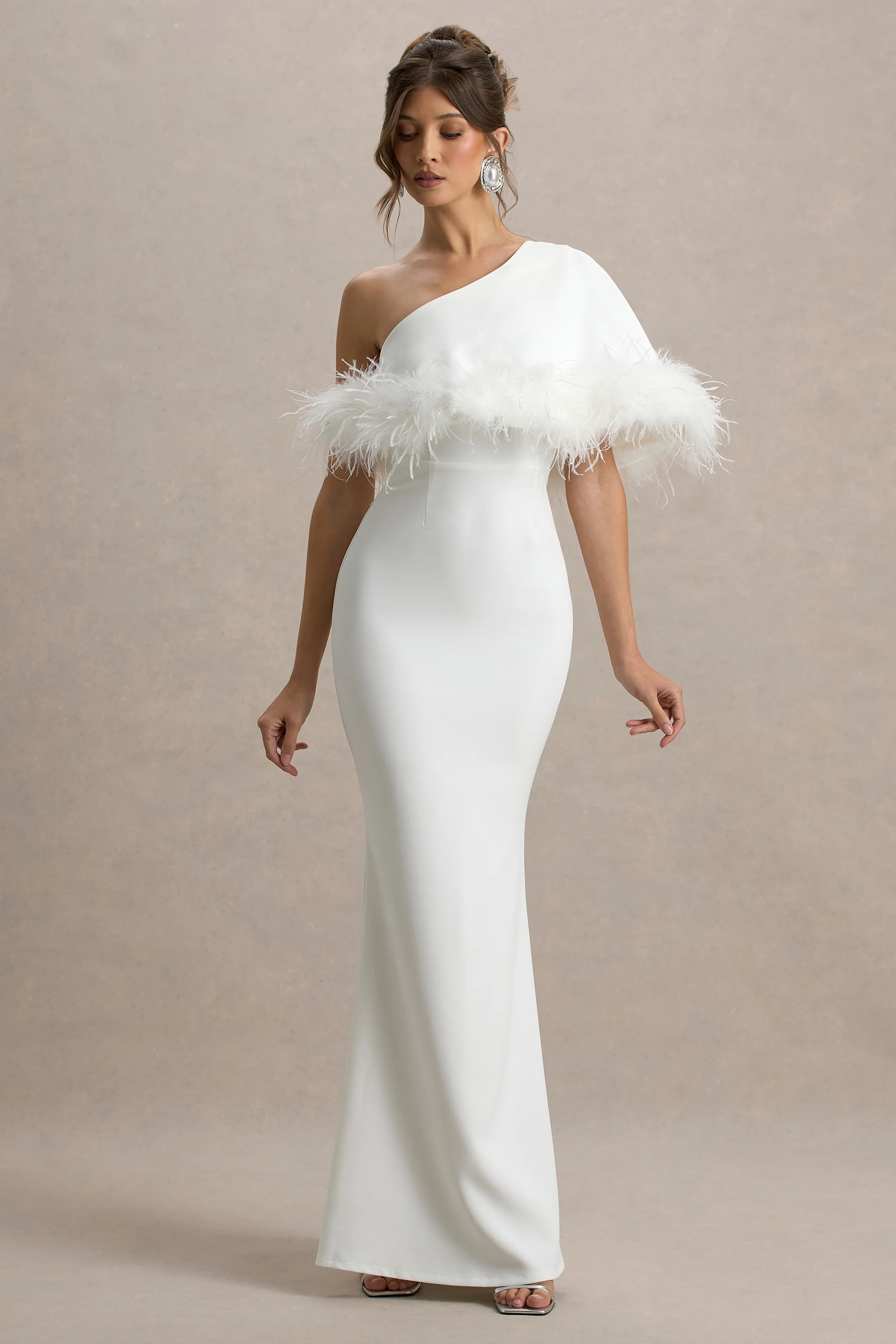 Valor | White Asymmetric Maxi Dress With Feather Trim - Image 4