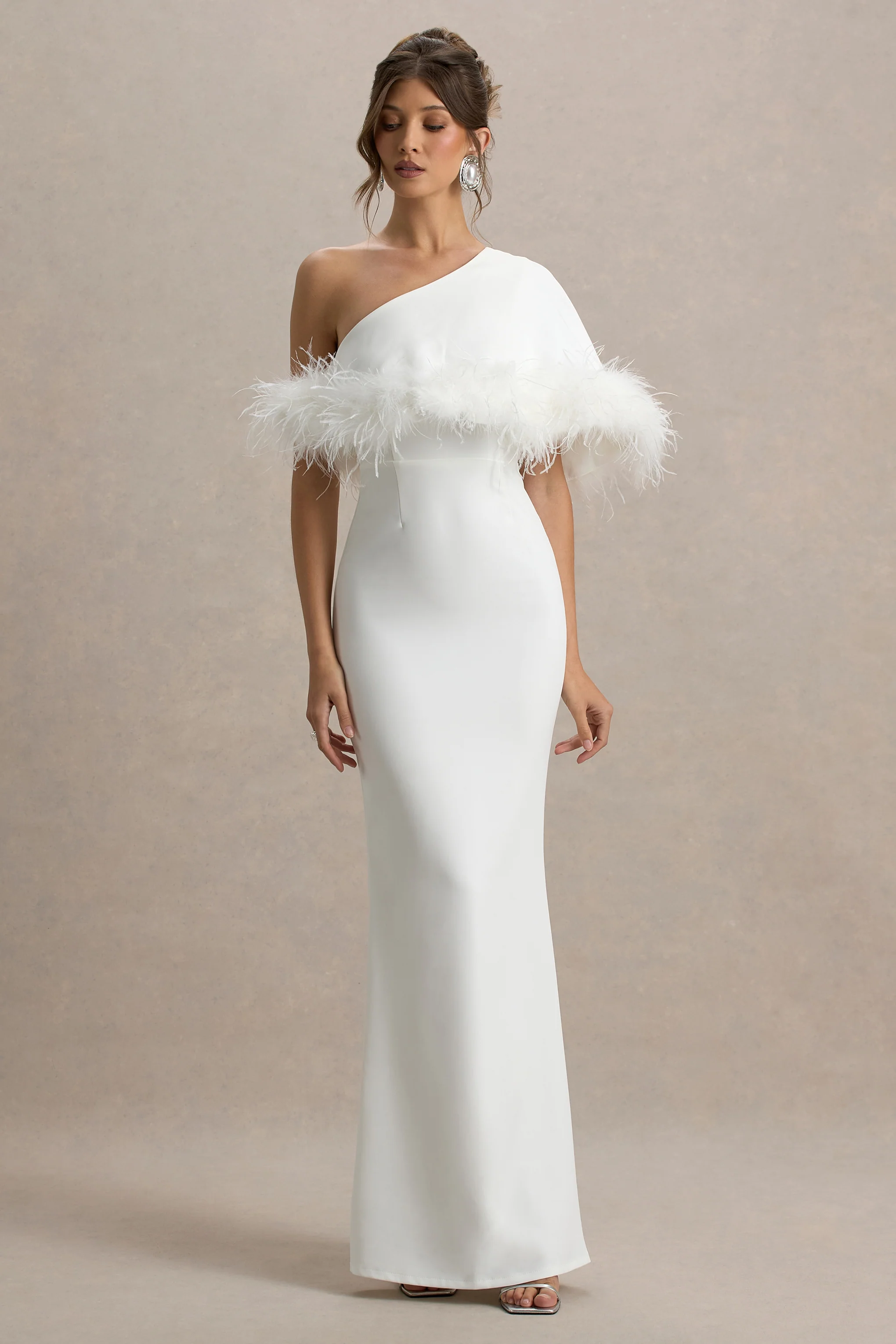 Valor | White Asymmetric Maxi Dress With Feather Trim - Image 5