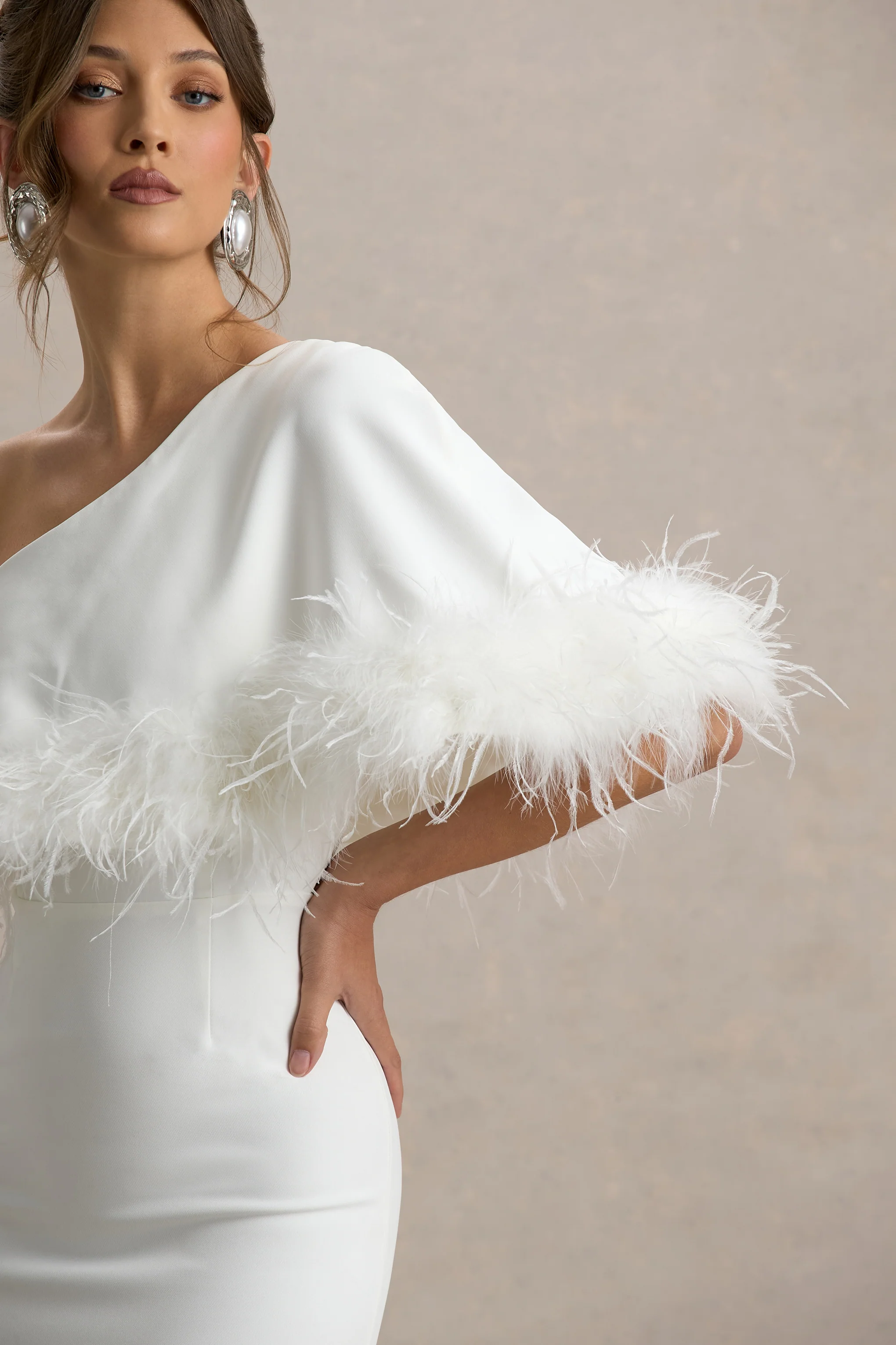 Valor | White Asymmetric Maxi Dress With Feather Trim - Image 6