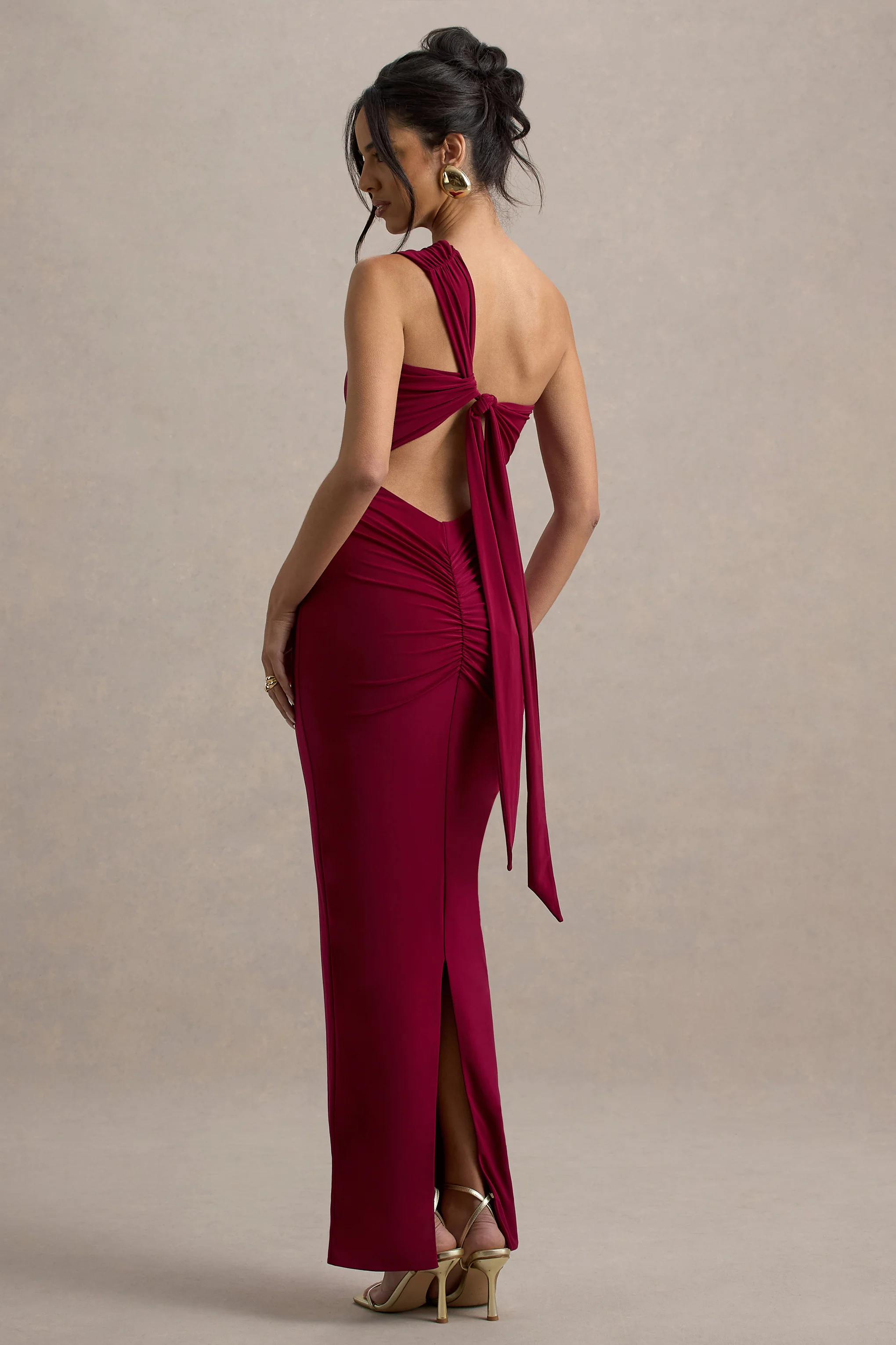 Venetia | Burgundy One-Shoulder Tie-Back Maxi Dress - Image 2