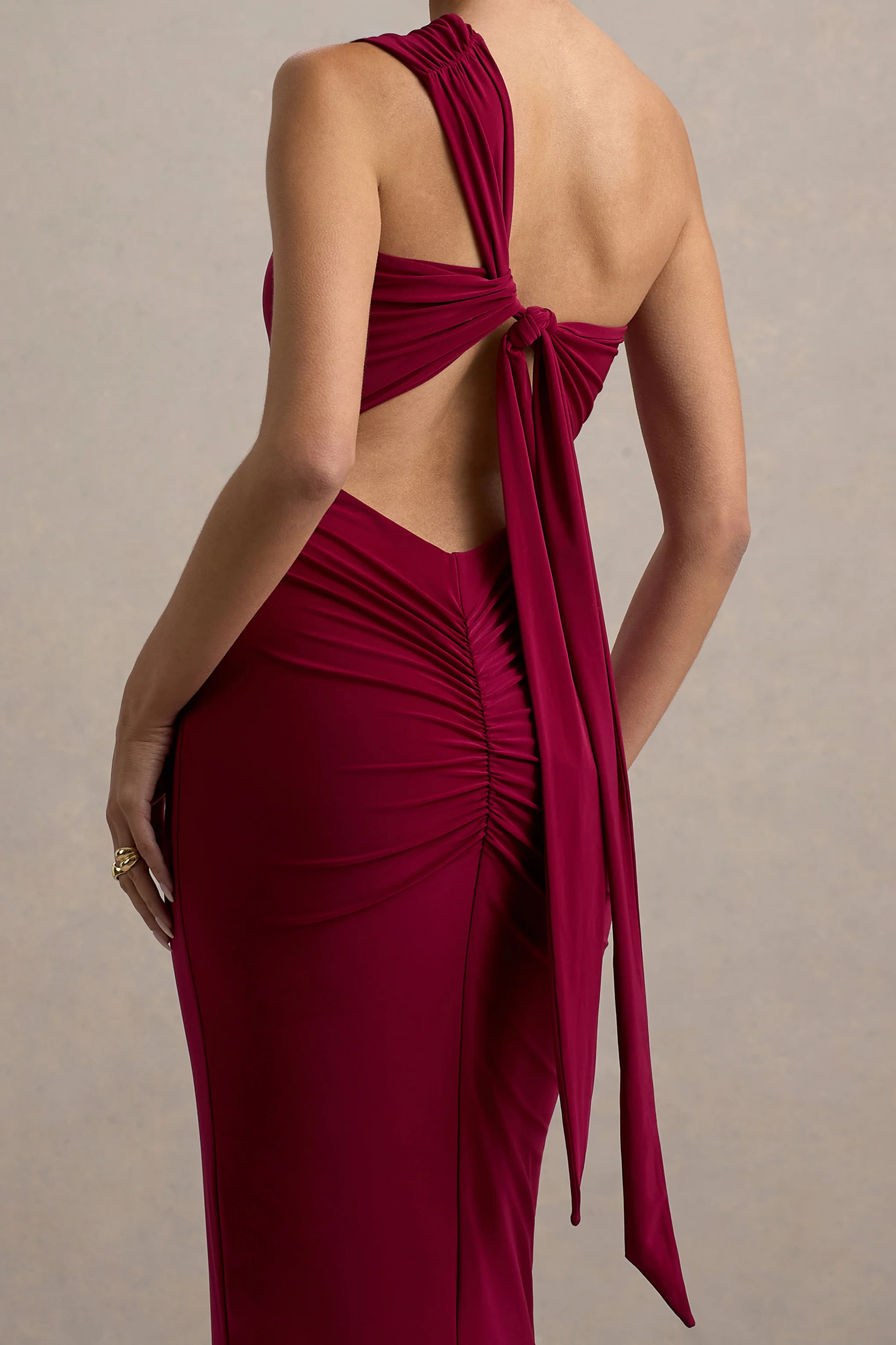 Venetia | Burgundy One-Shoulder Tie-Back Maxi Dress - Image 6