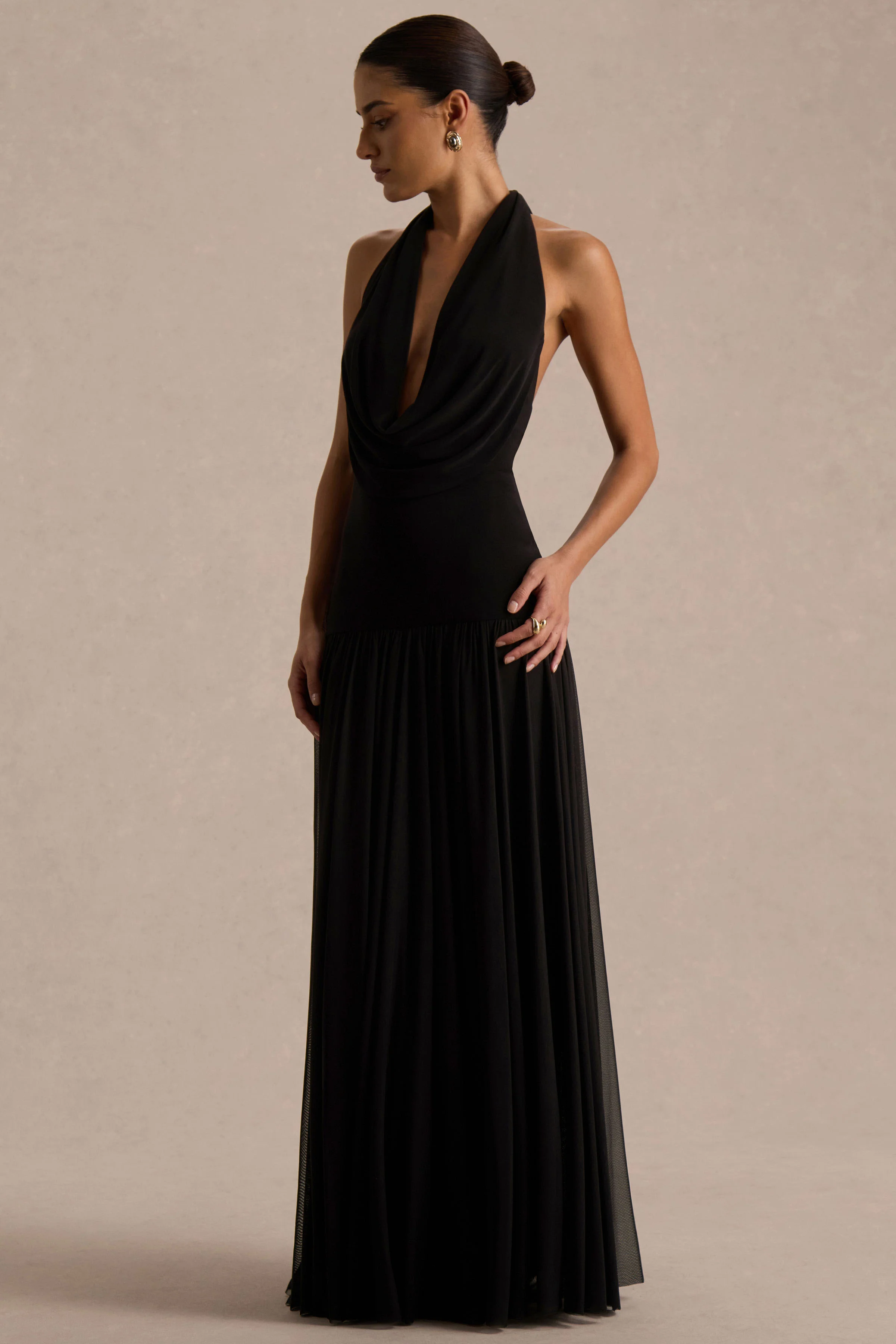 Verity | Black Cowl-Neck Maxi Dress With Sheer-Skirt - Image 4
