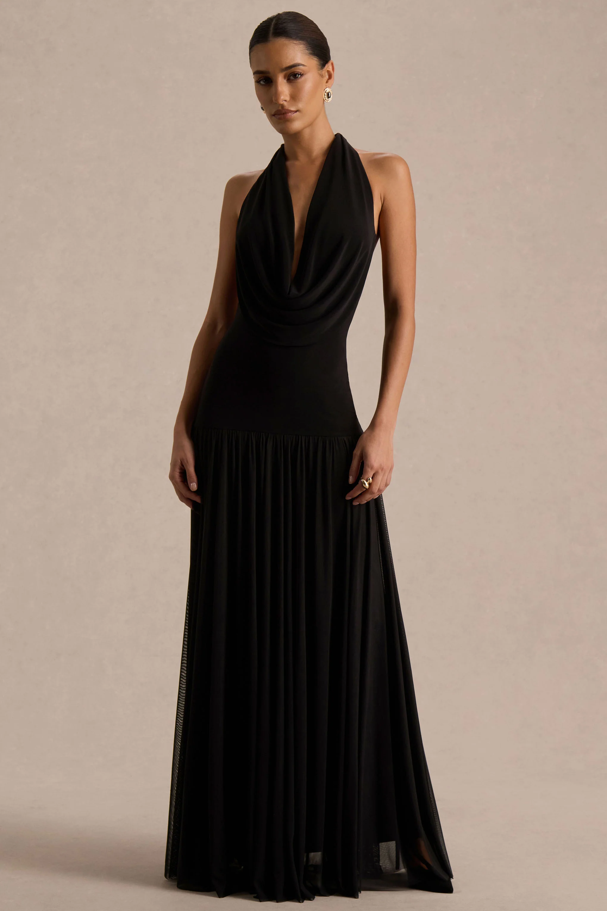 Verity | Black Cowl-Neck Maxi Dress With Sheer-Skirt - Image 5