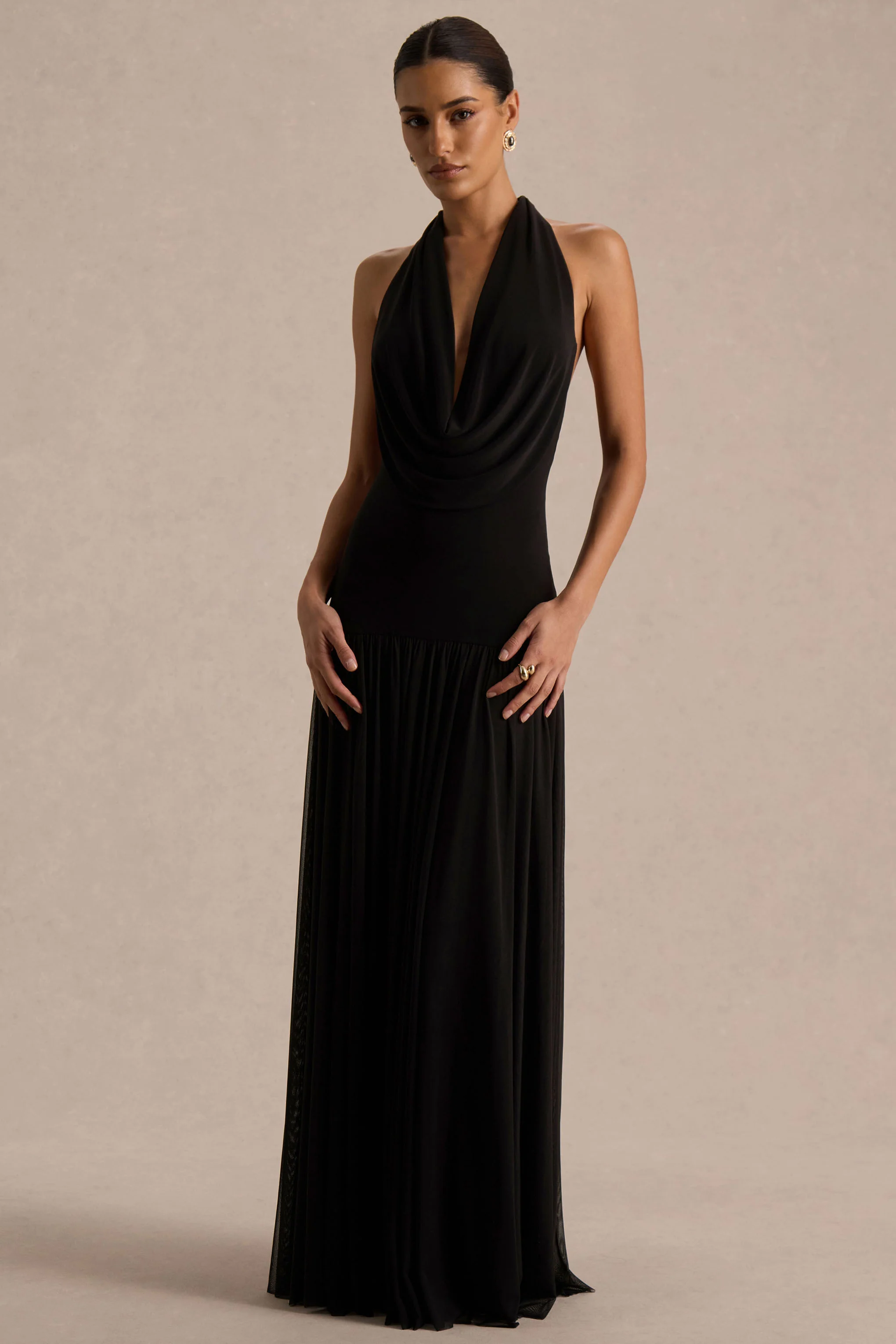 Verity | Black Cowl-Neck Maxi Dress With Sheer-Skirt - Image 6