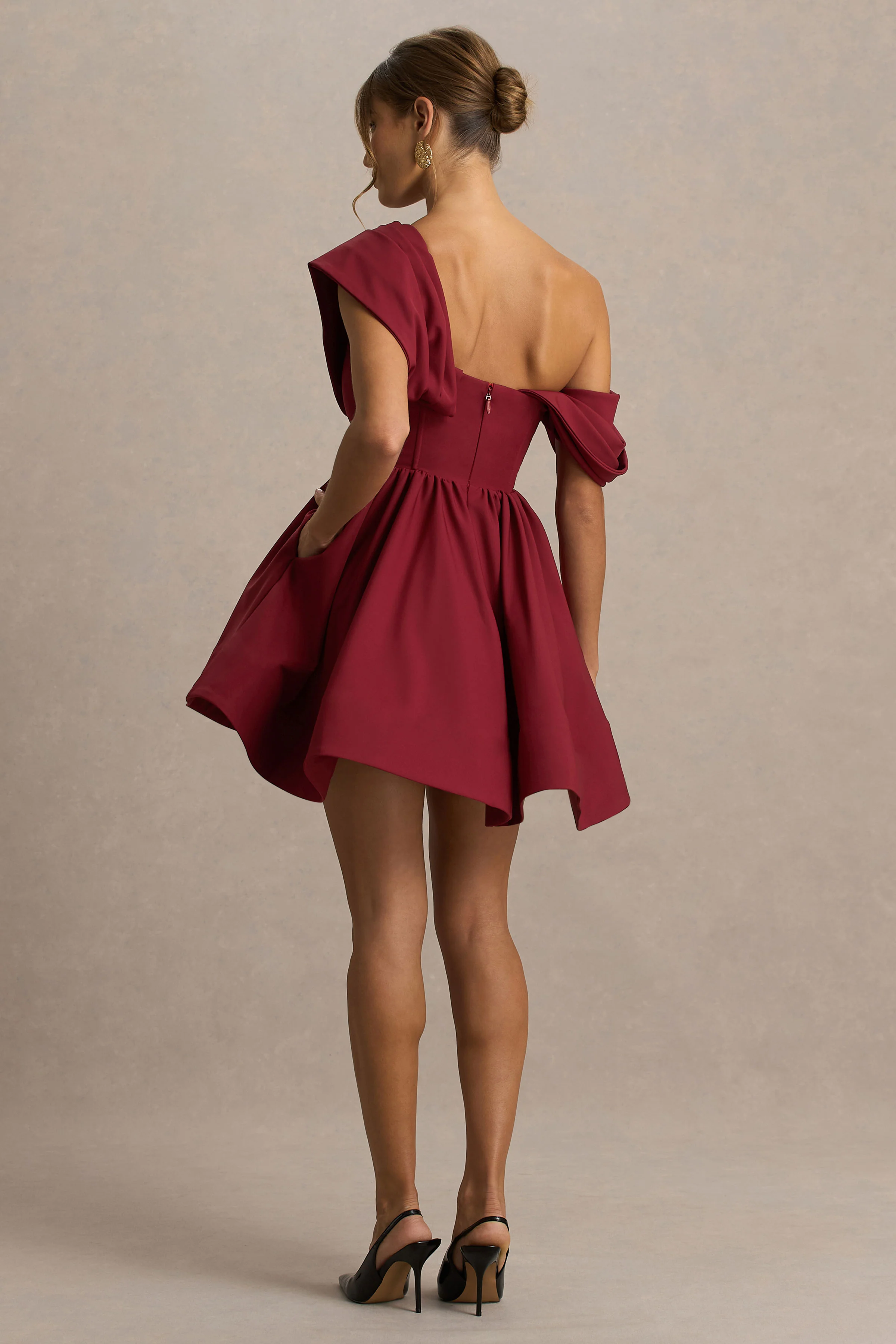 Verona | Burgundy Draped Asymmetric-Neck Skater Mini Dress - Image 2