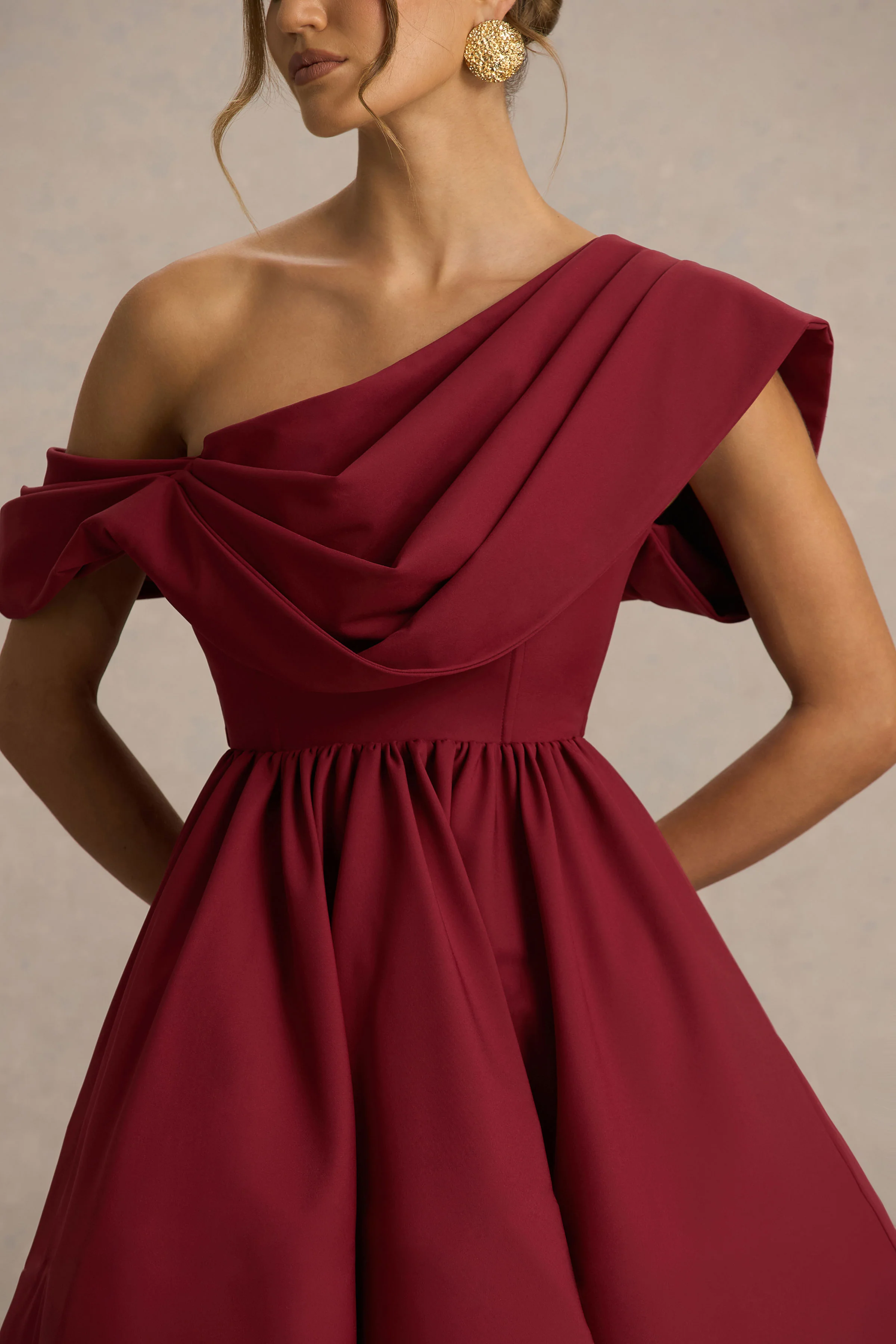 Verona | Burgundy Draped Asymmetric-Neck Skater Mini Dress - Image 3