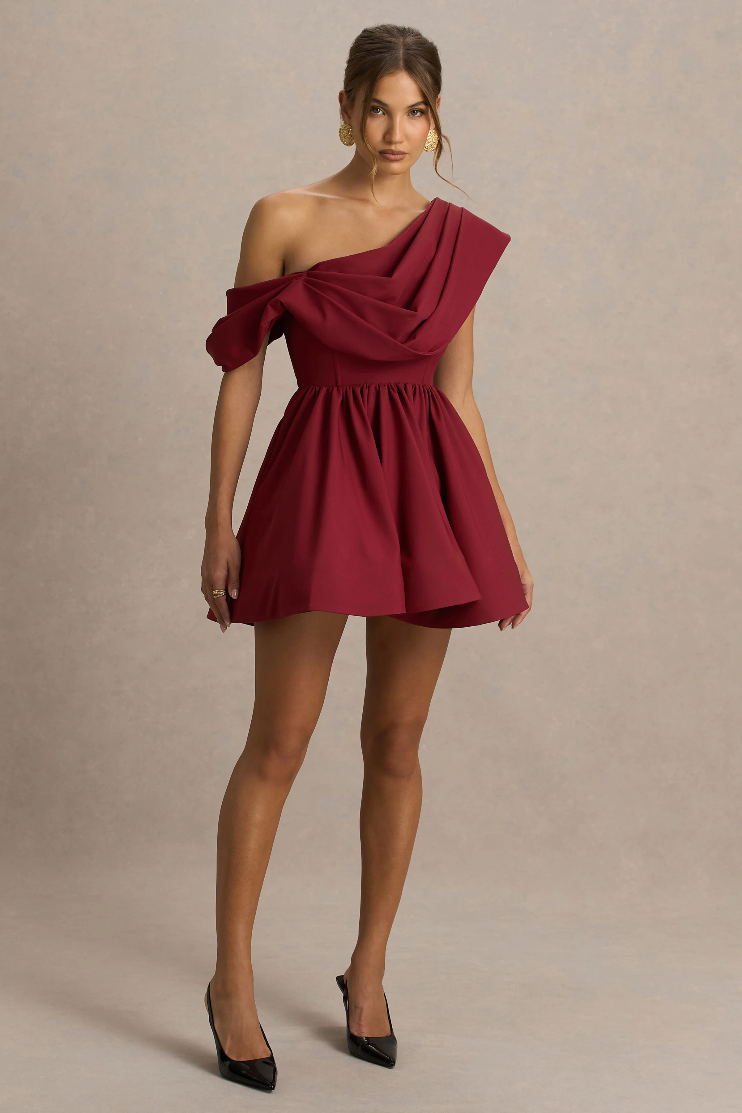 Verona | Burgundy Draped Asymmetric-Neck Skater Mini Dress - Image 4
