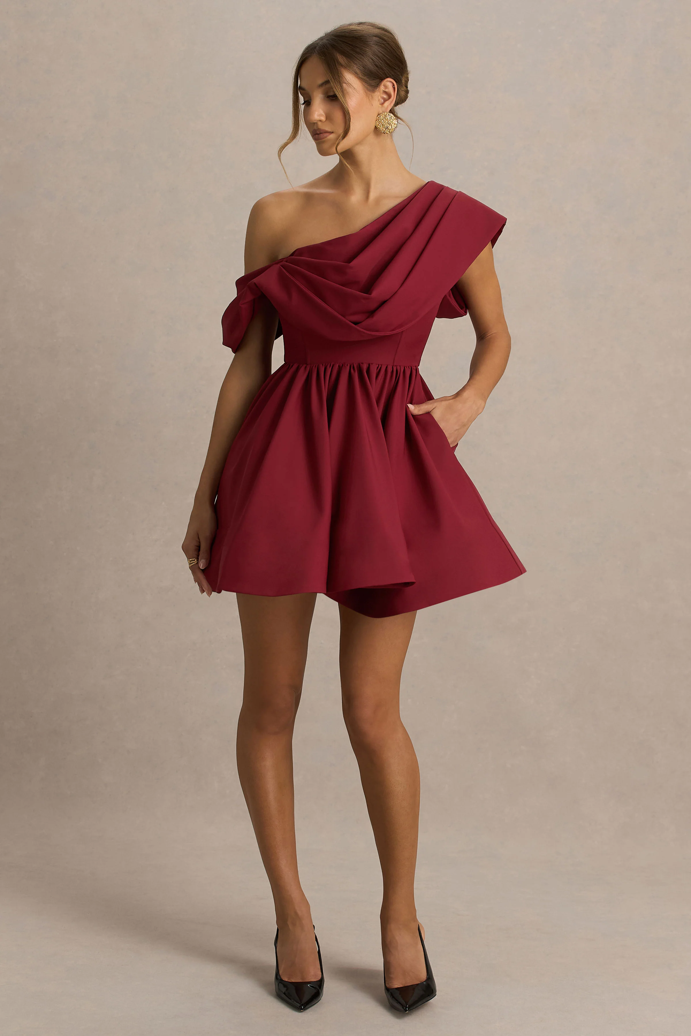 Verona | Burgundy Draped Asymmetric-Neck Skater Mini Dress - Image 5