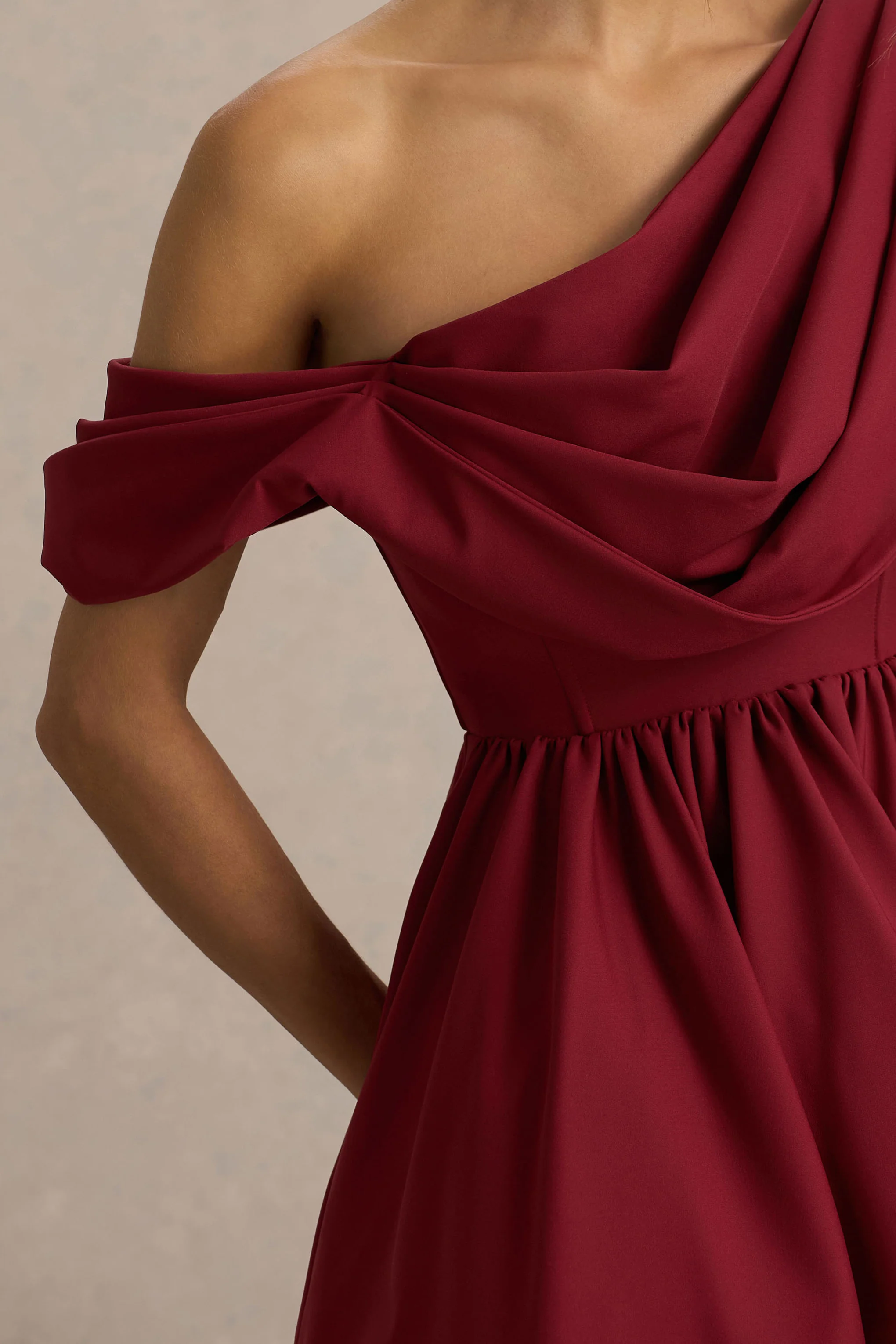 Verona | Burgundy Draped Asymmetric-Neck Skater Mini Dress - Image 6